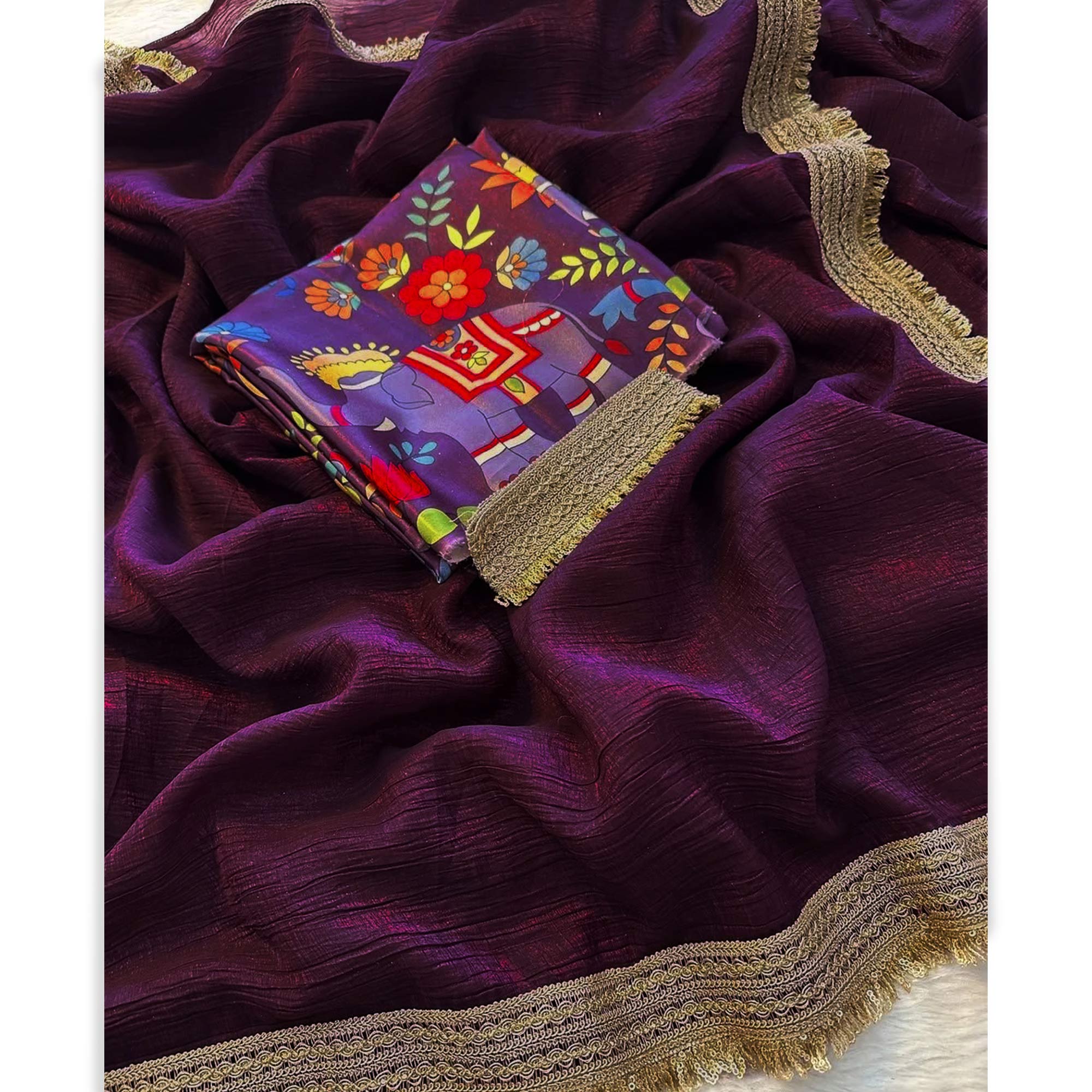 Wine Solid Fancy Fabric Saree With Zari Sequins Lace Border