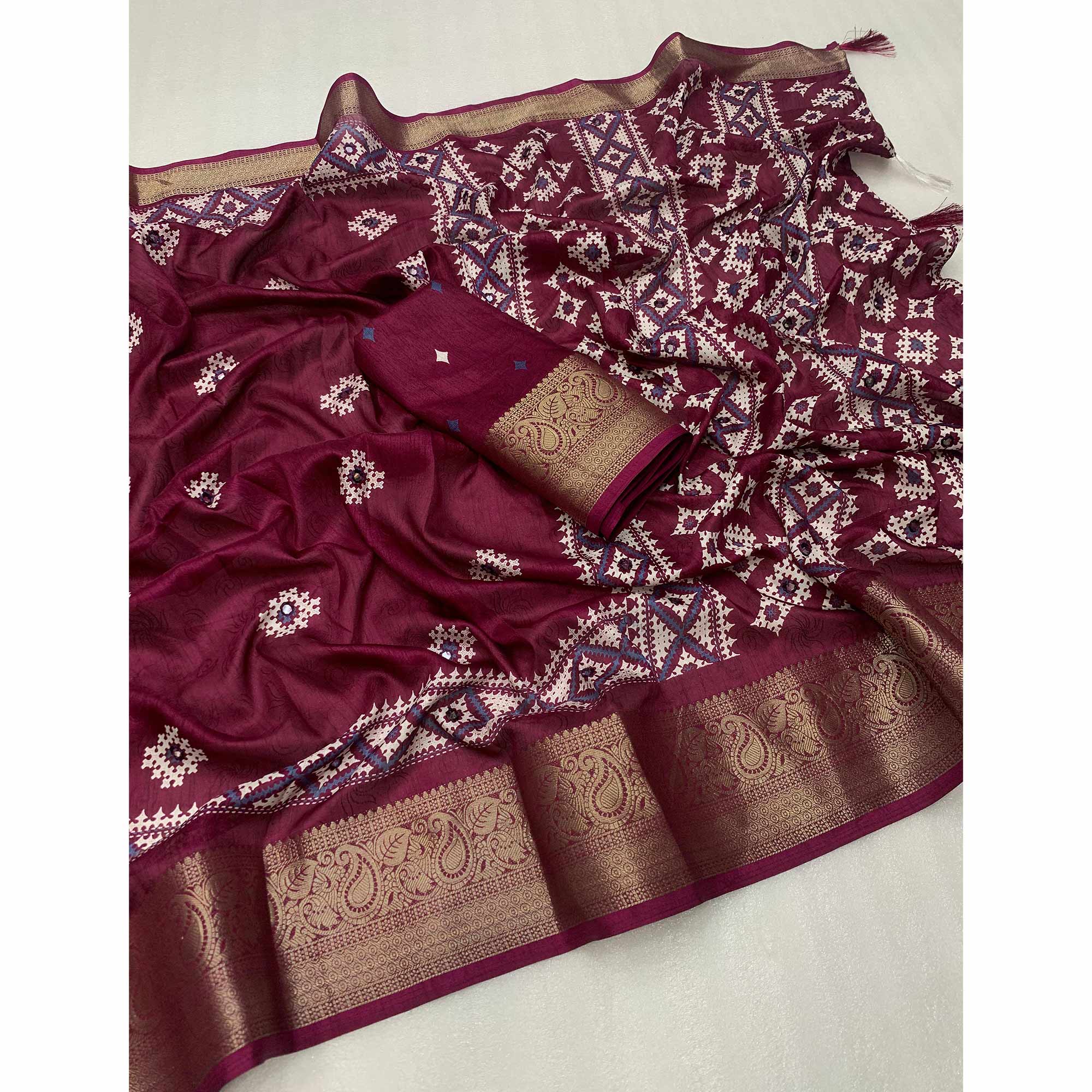 Burgundy Printed With Mirror Work Crepe Saree With Tassels