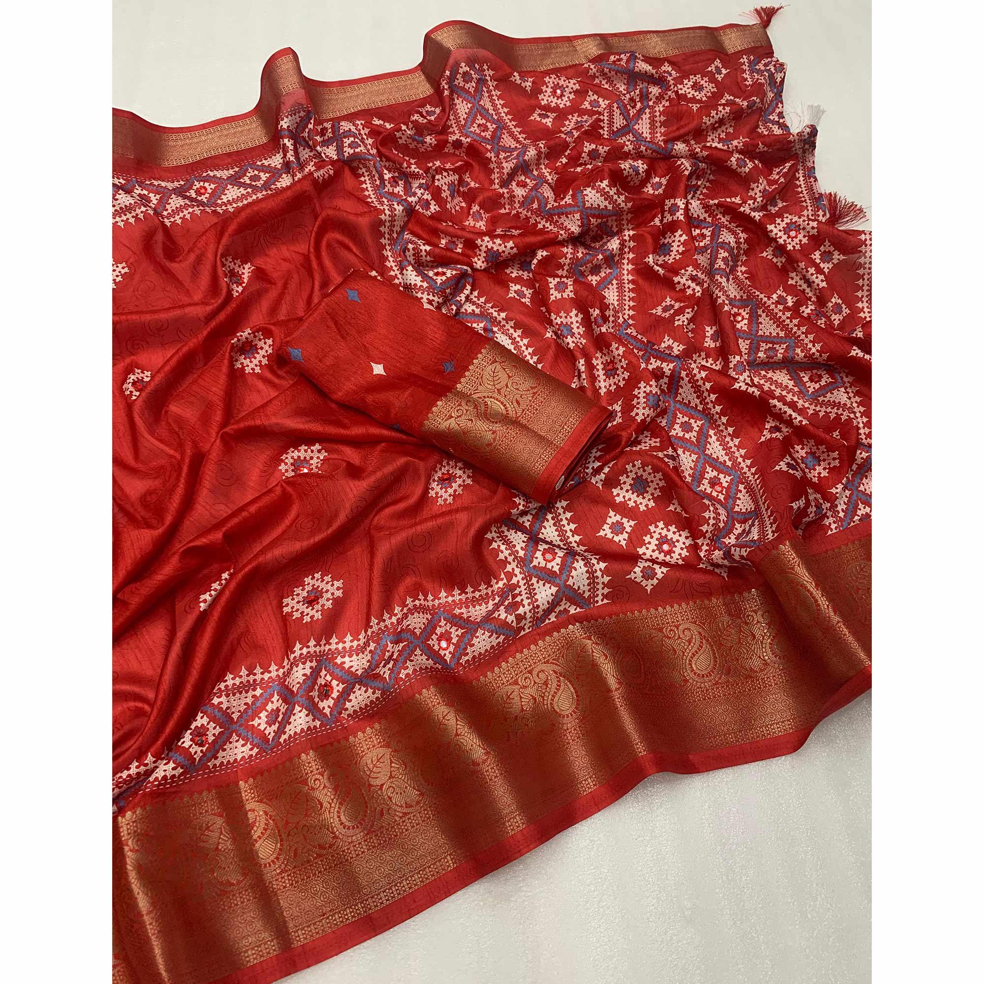 Red Printed With Mirror Work Crepe Saree With Tassels