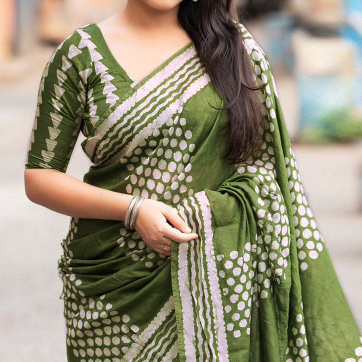 Green Printed Chanderi Saree With Tassels