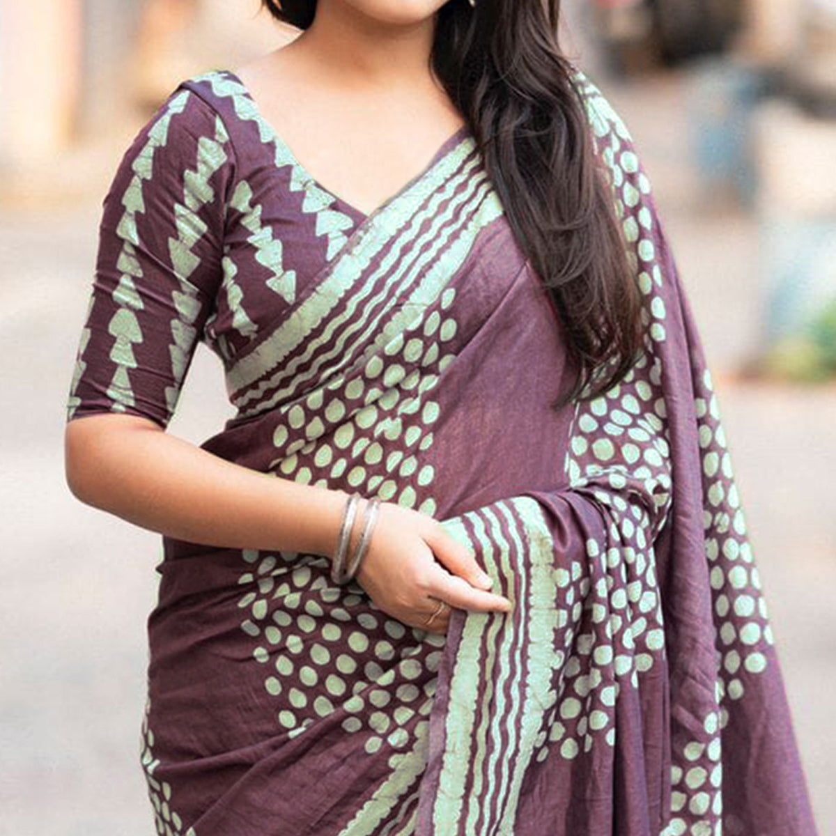 Purple Printed Chanderi Saree With Tassels