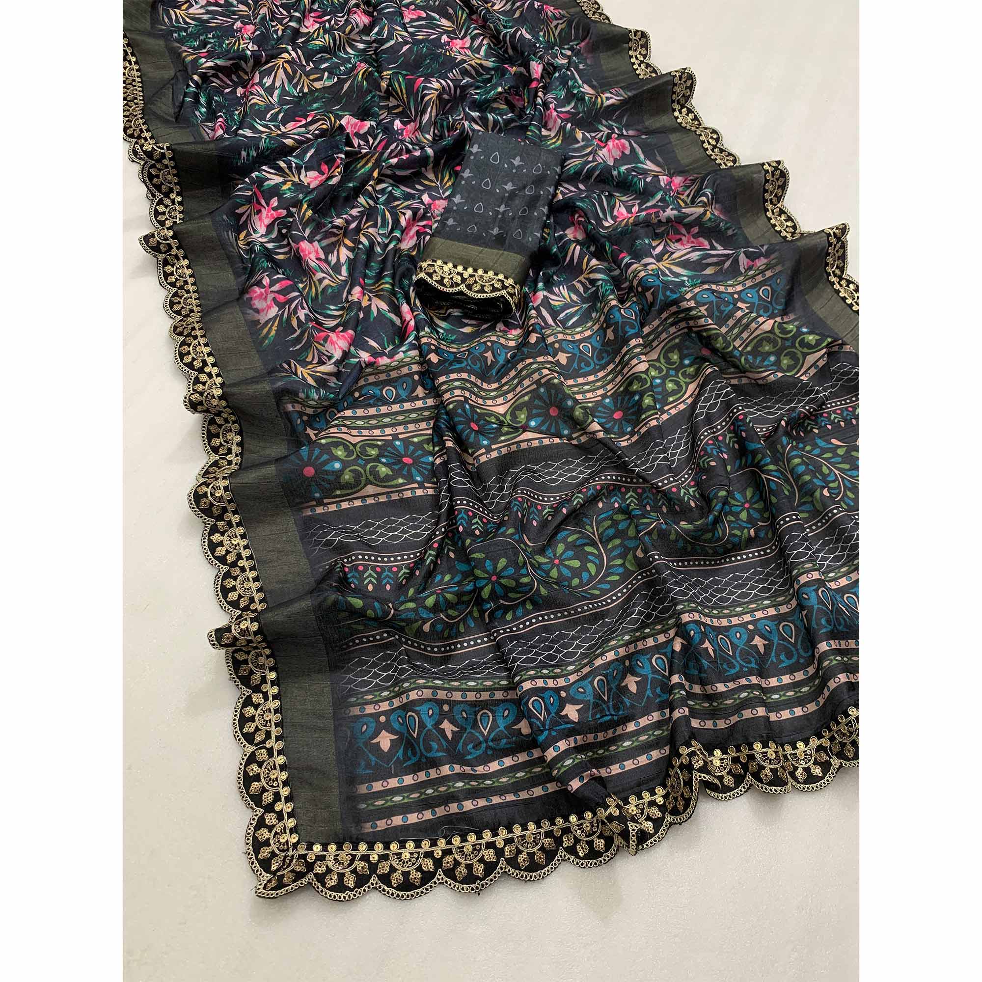 Black Floral Digital Printed Tussar Silk Saree With Sequins Embroidered Border