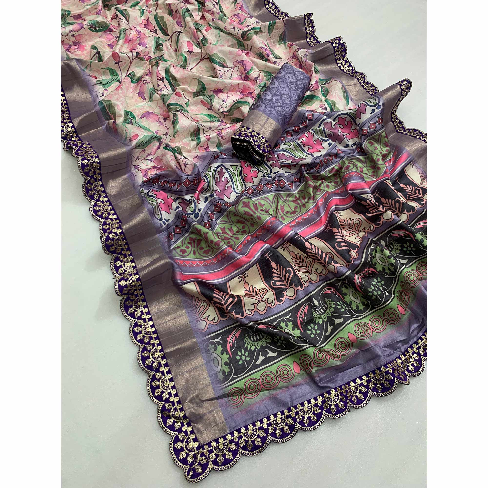 Cream & Violet Floral Digital Printed Tussar Silk Saree With Sequins Embroidered Border