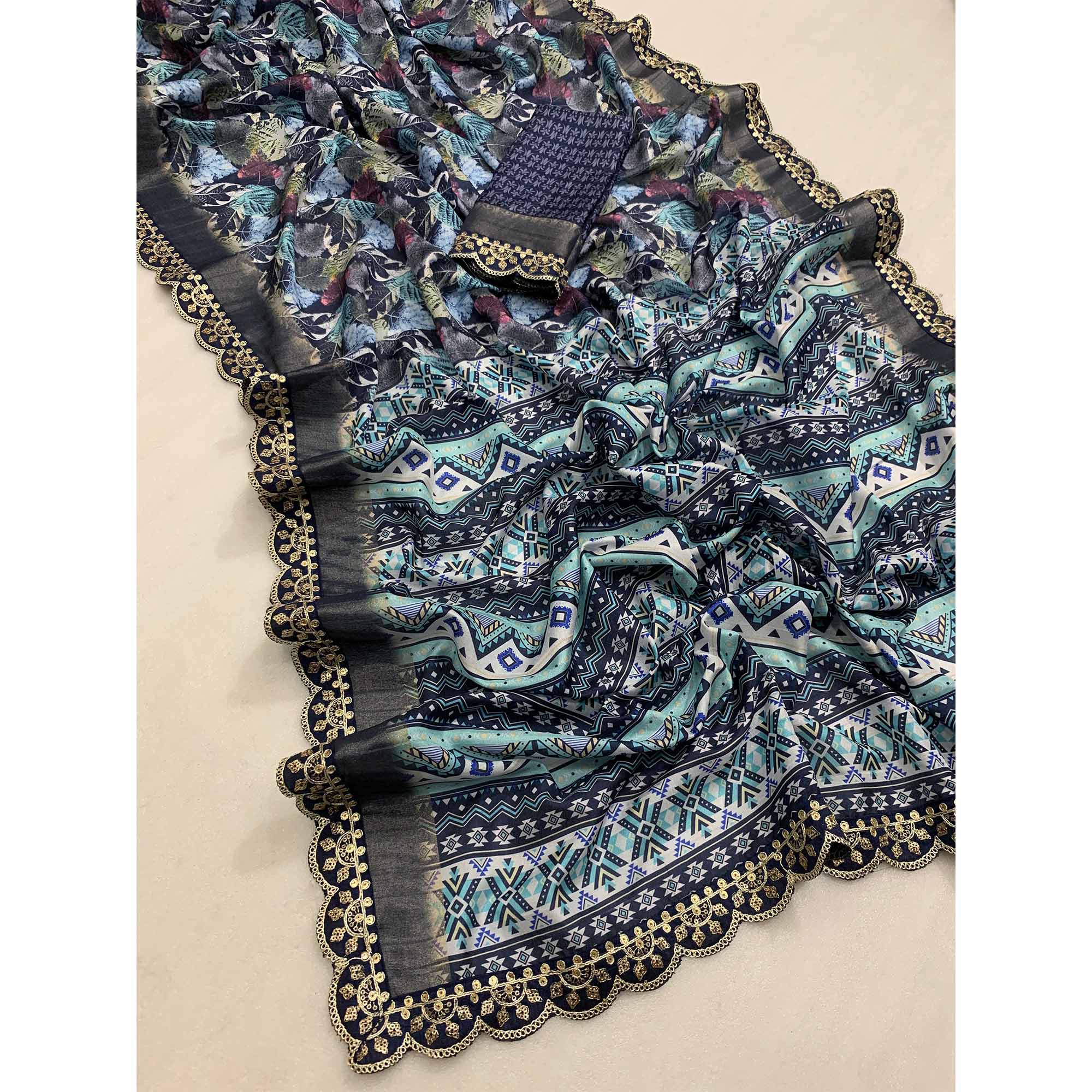 Dark Navy Blue Floral Digital Printed Tussar Silk Saree With Sequins Embroidered Border