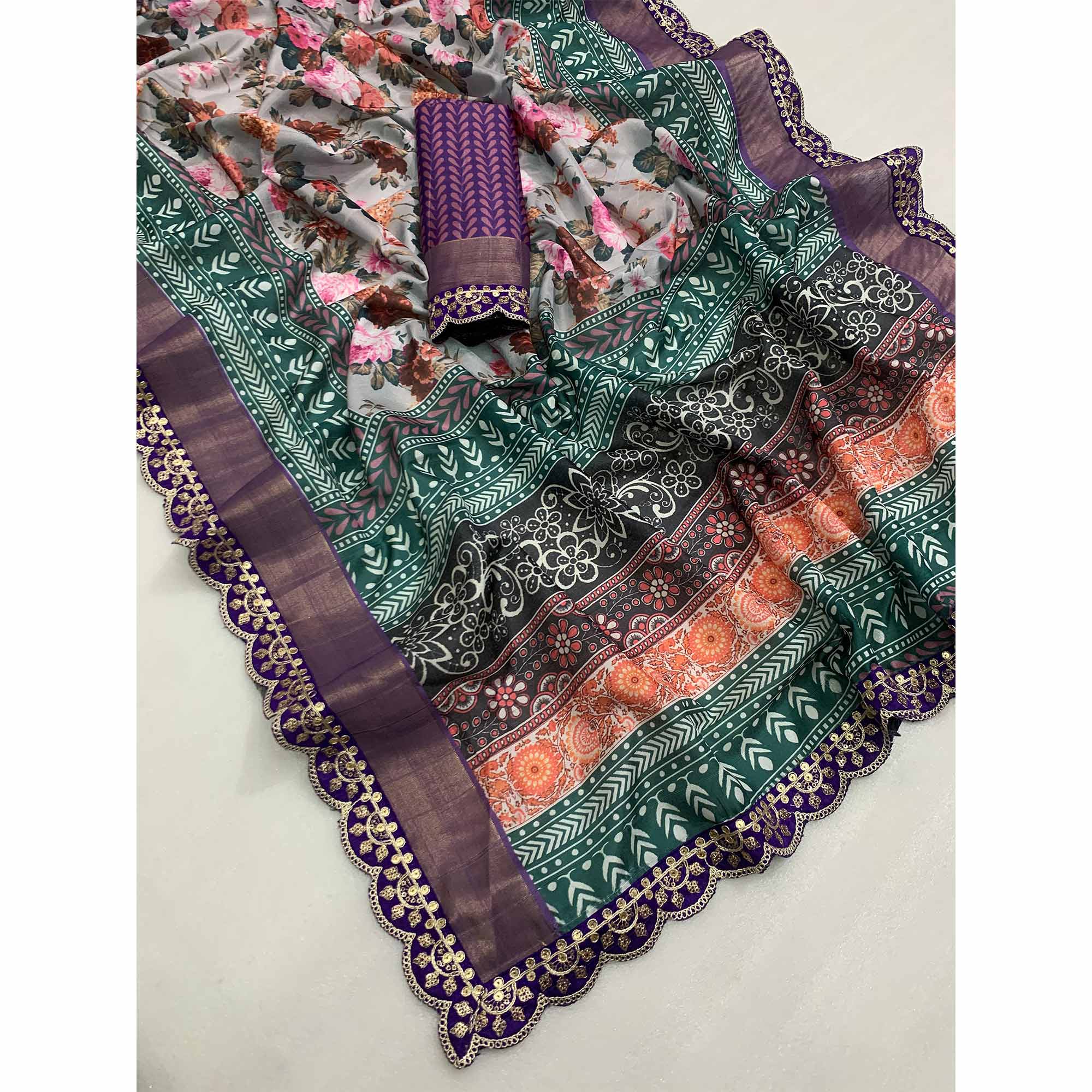 Grey Floral Digital Printed Tussar Silk Saree With Sequins Embroidered Border