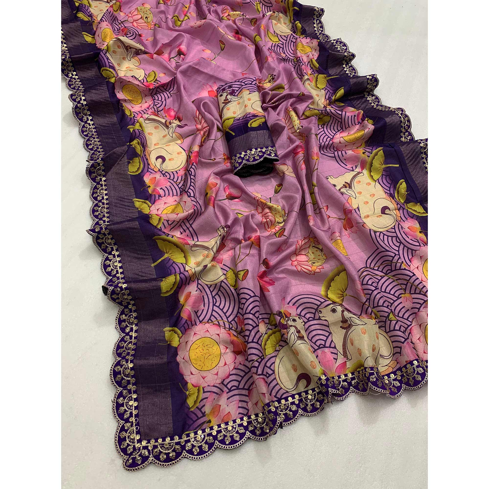 Light Lavender Floral Digital Printed Tussar Silk Saree With Sequins Embroidered Border