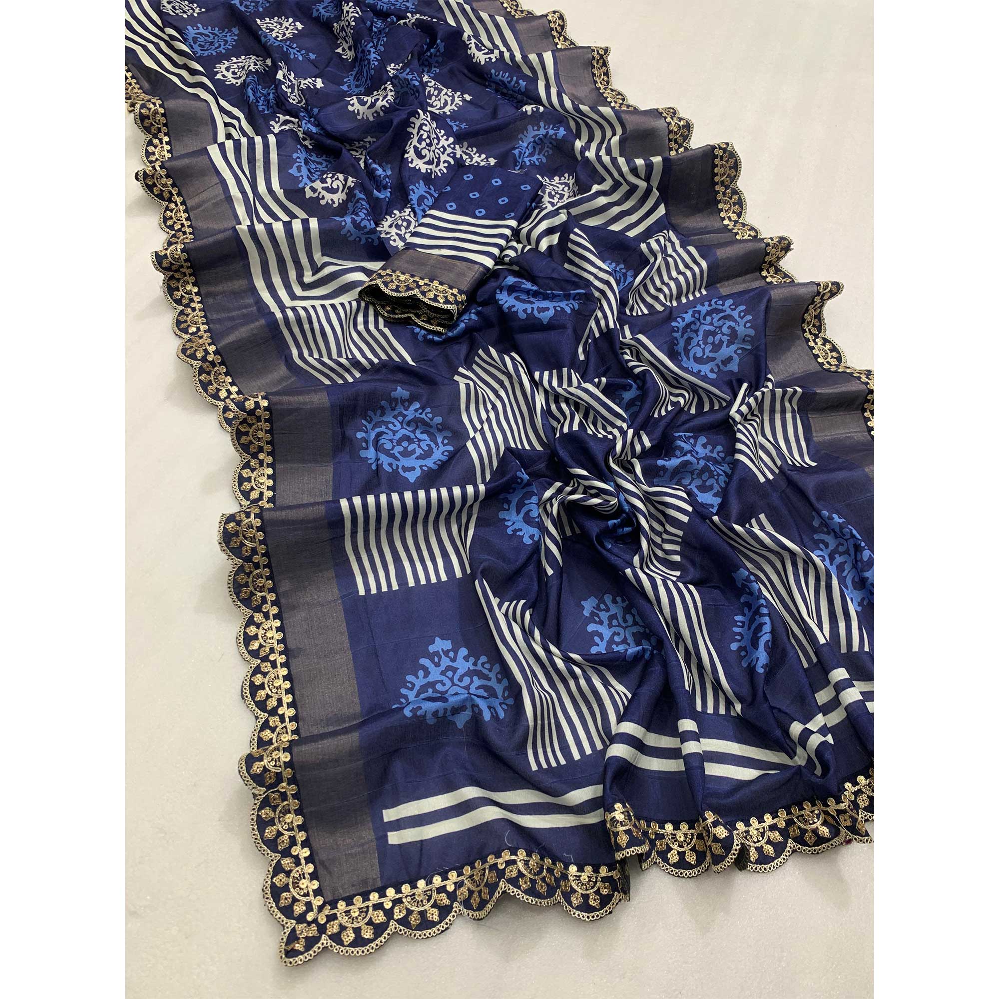 Navy Blue Floral Digital Printed Tussar Silk Saree With Sequins Embroidered Border