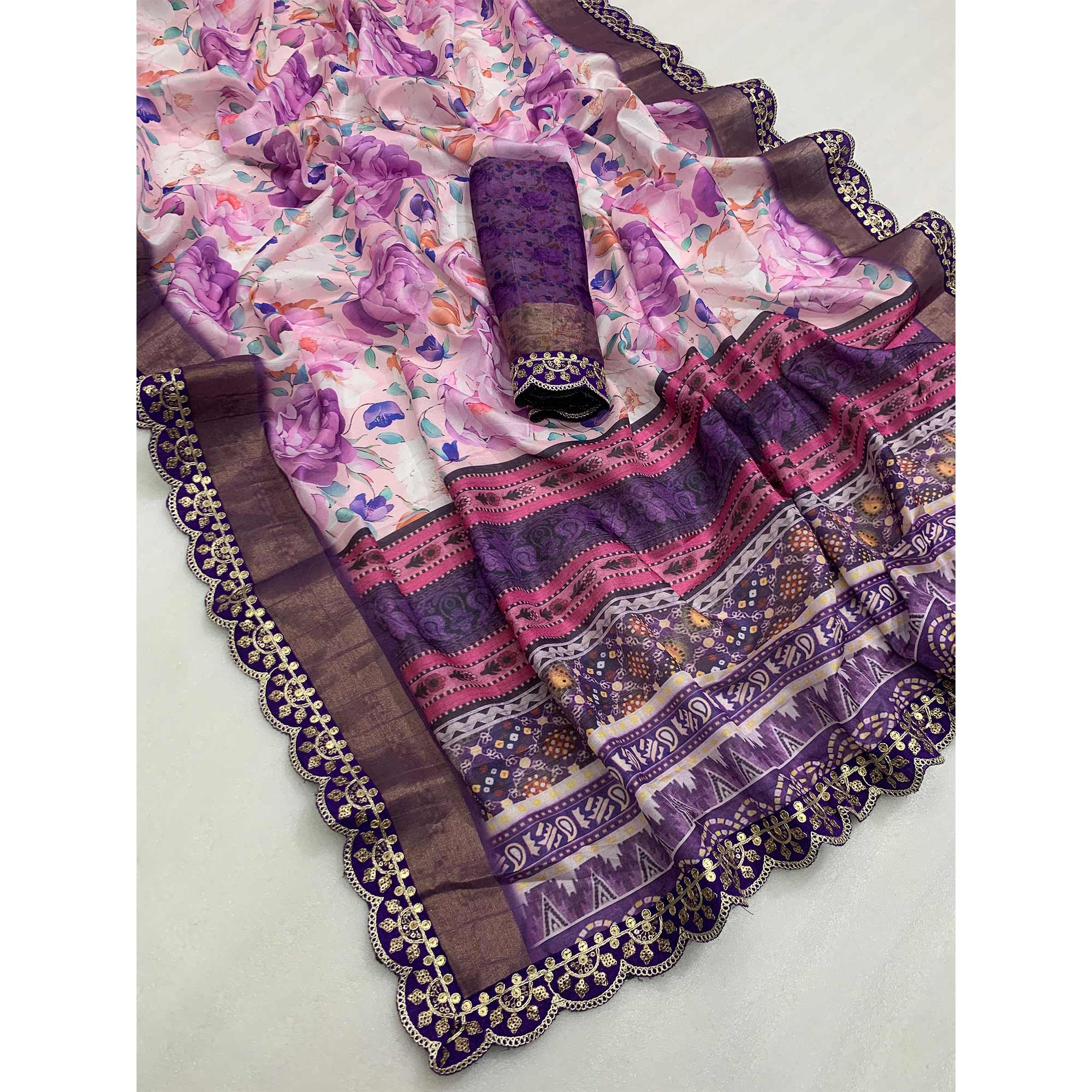 Purple Floral Digital Printed Tussar Silk Saree With Sequins Embroidered Border