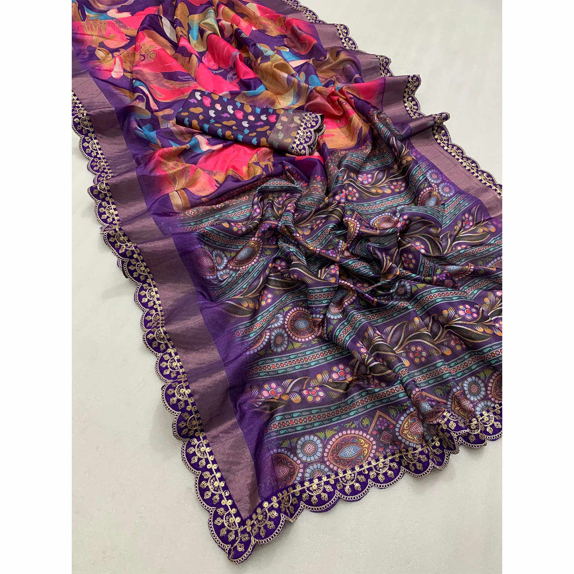 Purple & Pink Floral Digital Printed Tussar Silk Saree With Sequins Embroidered Border