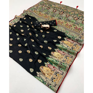 Black Luxury Pure Silk Saree Crafted With Floral Meenakari Foil Print & Trendy Tassel Pallu