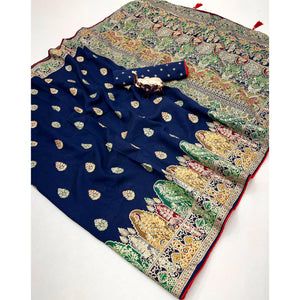 Blue Luxury Pure Silk Saree Crafted With Floral Meenakari Foil Print & Trendy Tassel Pallu