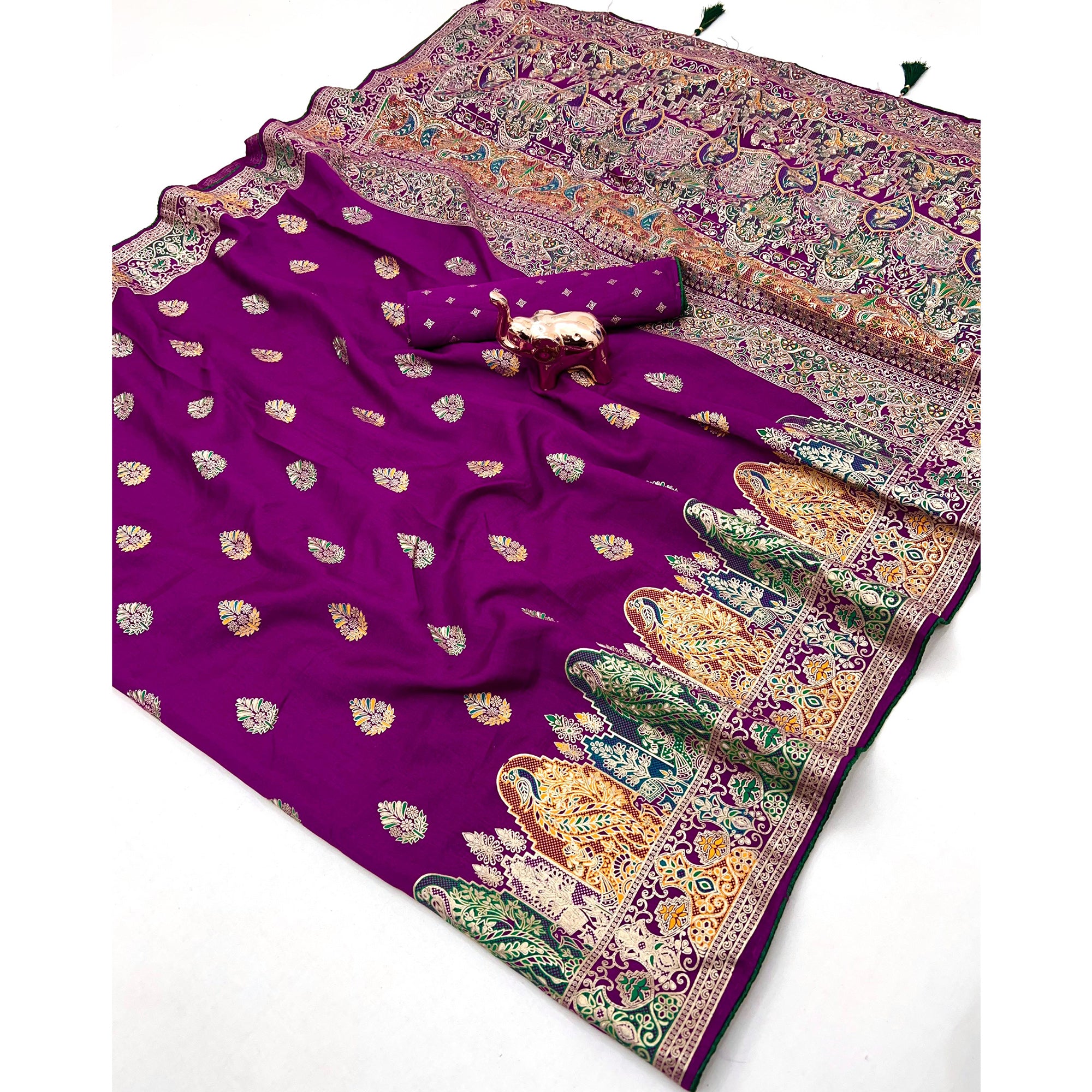 Dark Magenta Luxury Pure Silk Saree Crafted With Floral Meenakari Foil Print & Trendy Tassel Pallu