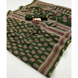 Green Floral Printed Cotton Blend Saree With Zari Weaving Border