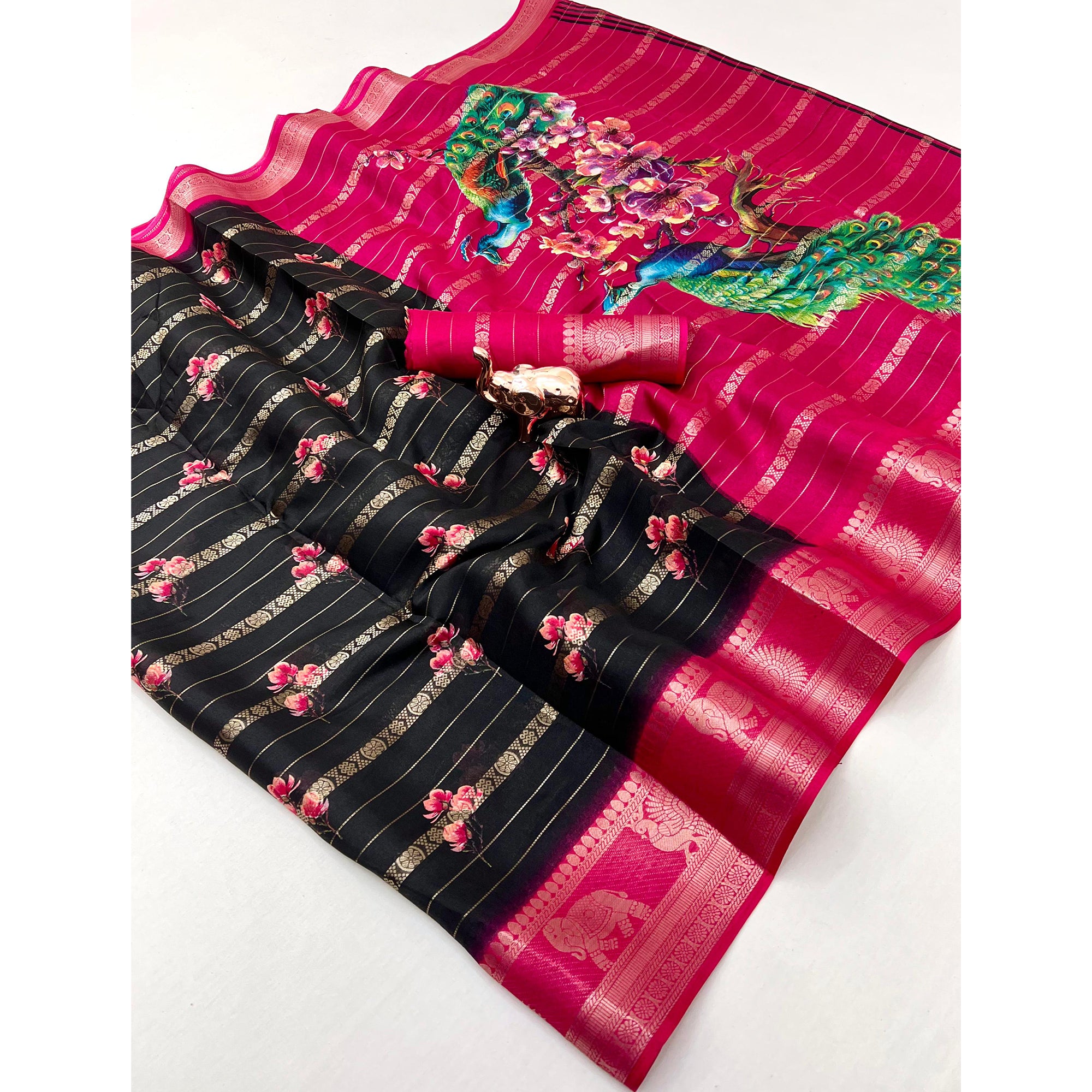 Black Floral Weaving Mysore Silk Saree With Peacock Printed Pallu & Two Tone Padding Border