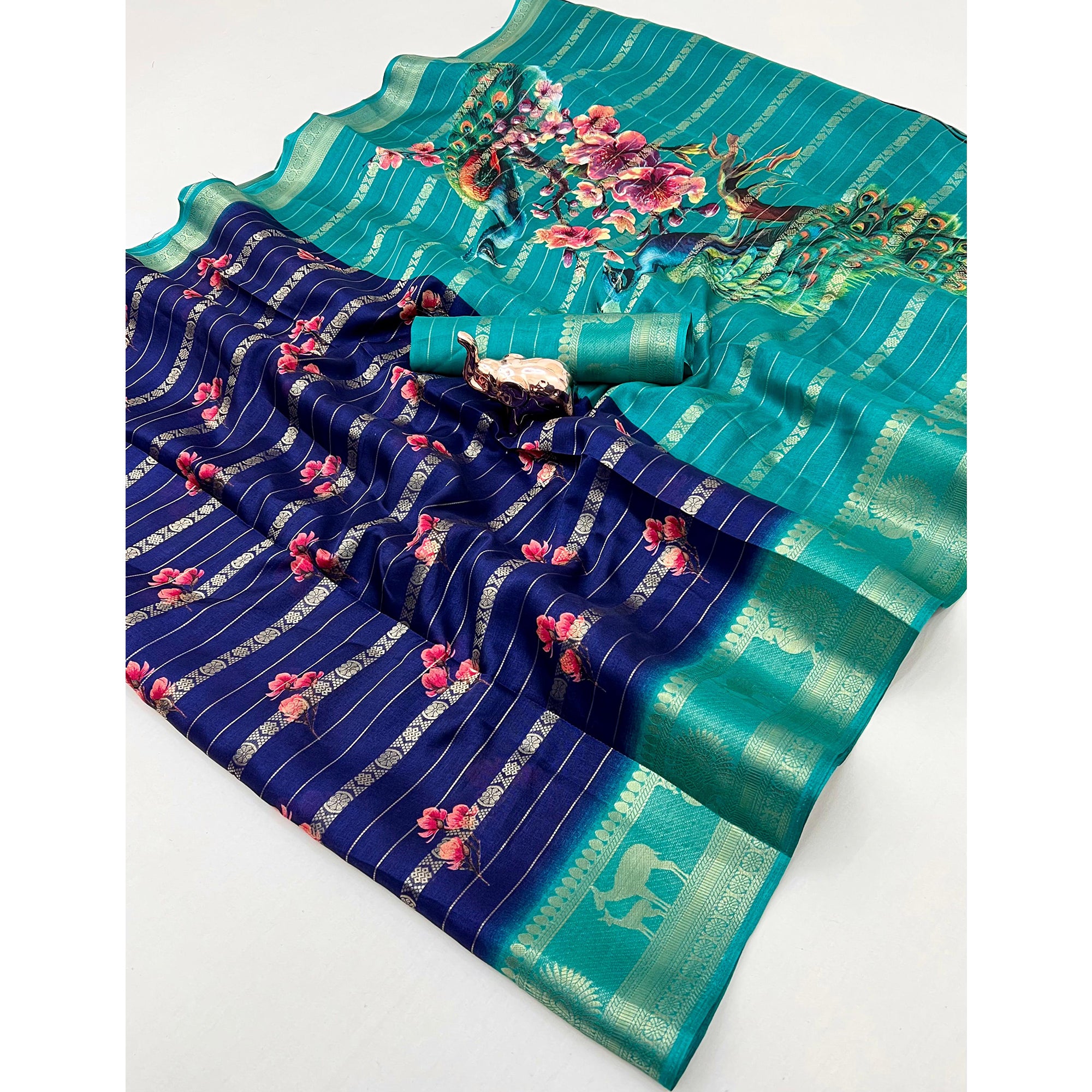 Navy Blue Floral Weaving Mysore Silk Saree With Peacock Printed Pallu & Two Tone Padding Border