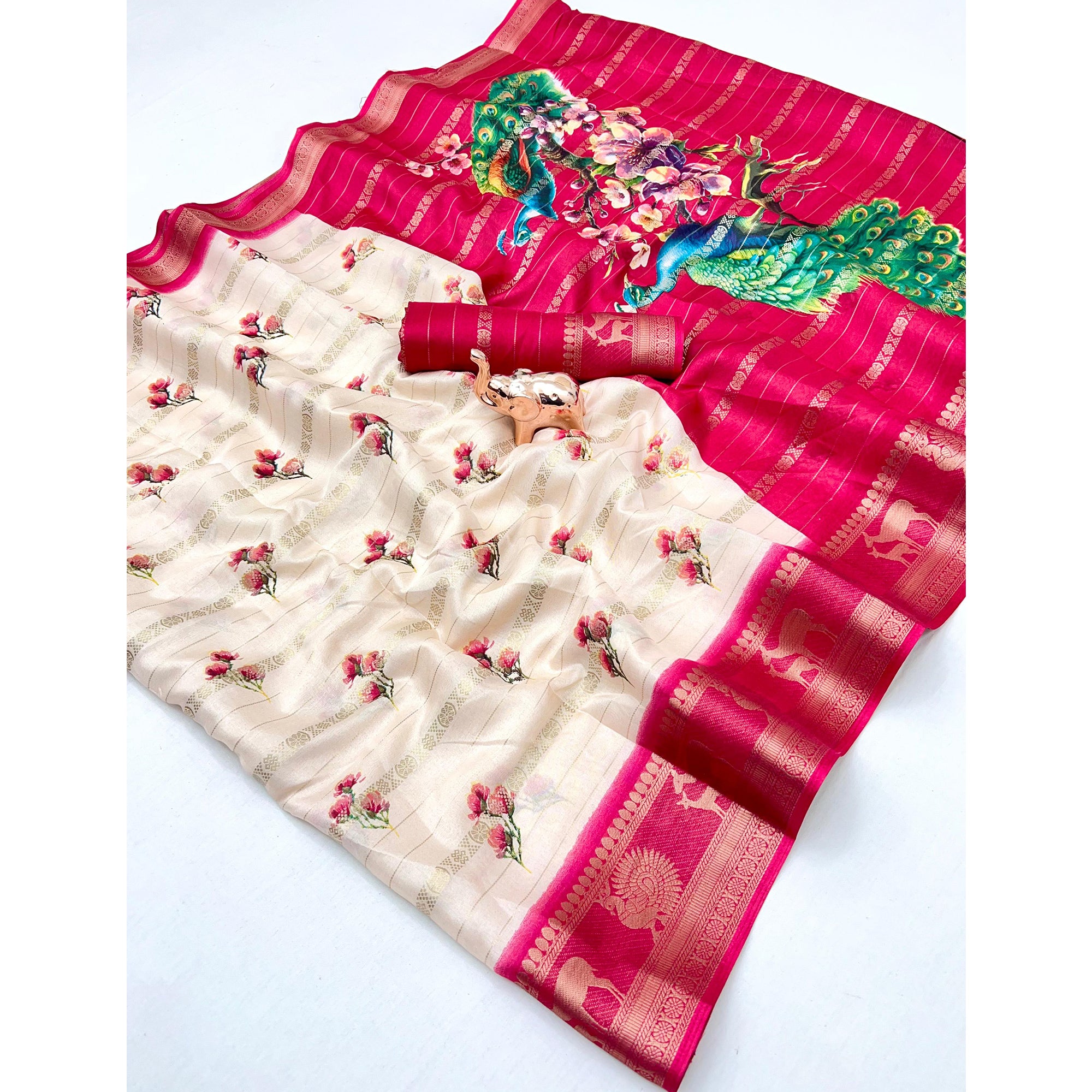 Offwhite Floral Weaving Mysore Silk Saree With Peacock Printed Pallu & Two Tone Padding Border