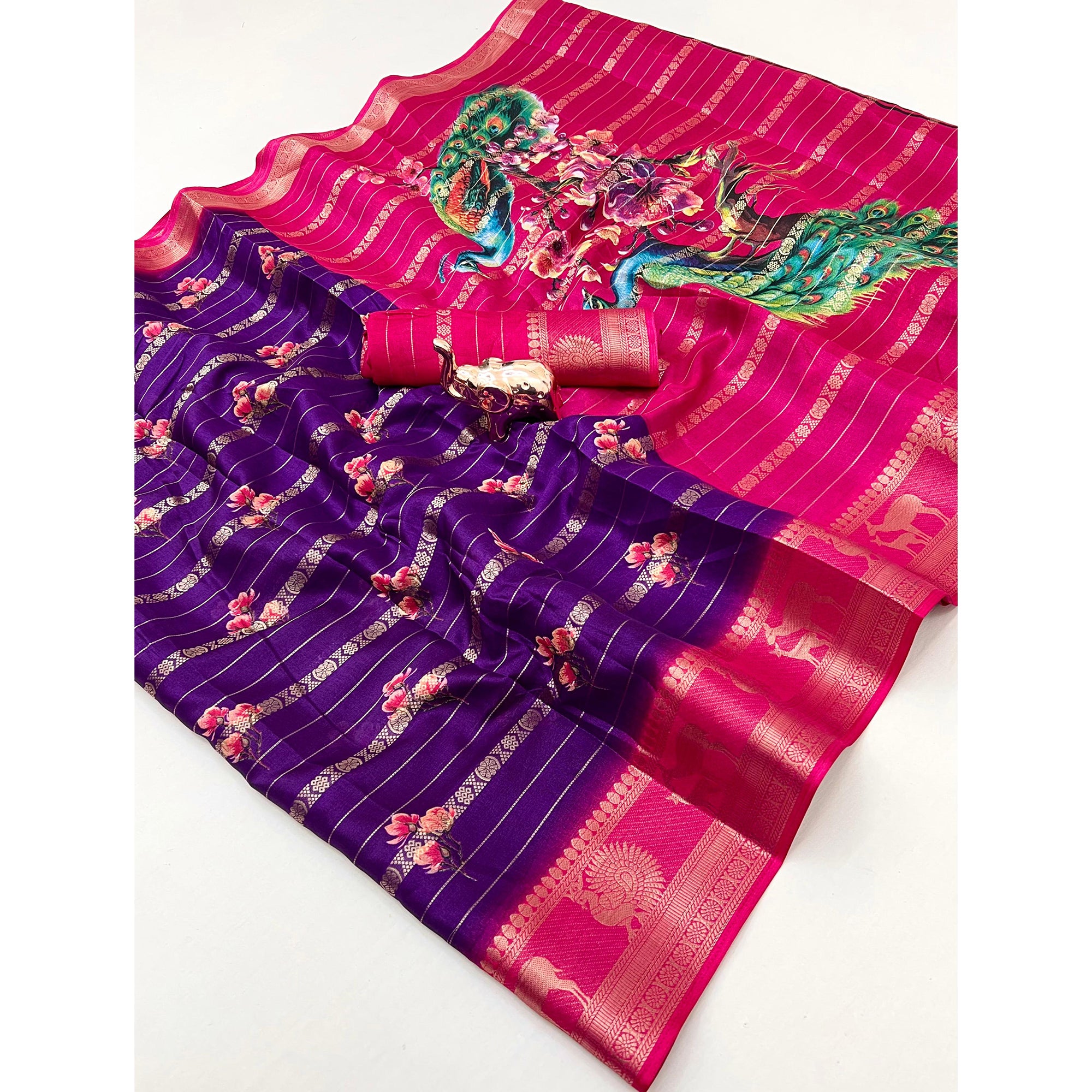 Purple Floral Weaving Mysore Silk Saree With Peacock Printed Pallu & Two Tone Padding Border