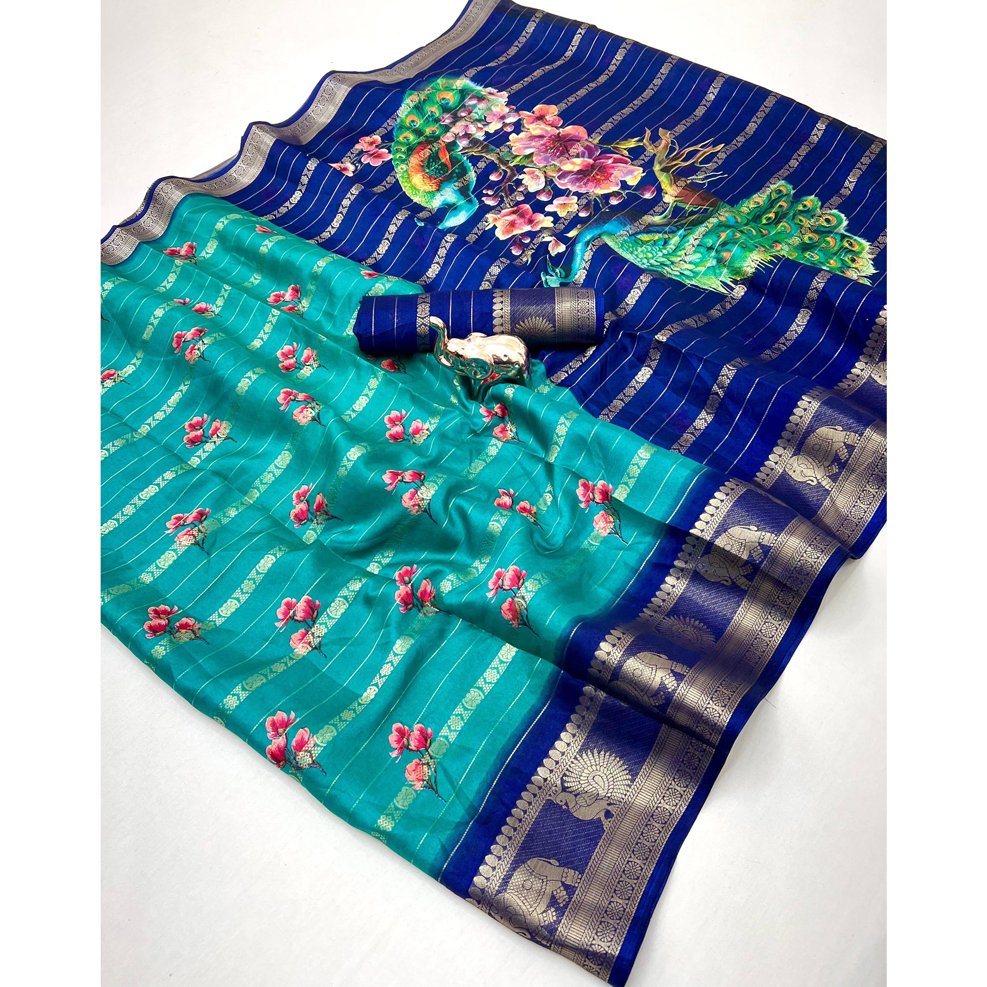 Turquoise Floral Weaving Mysore Silk Saree With Peacock Printed Pallu & Two Tone Padding Border