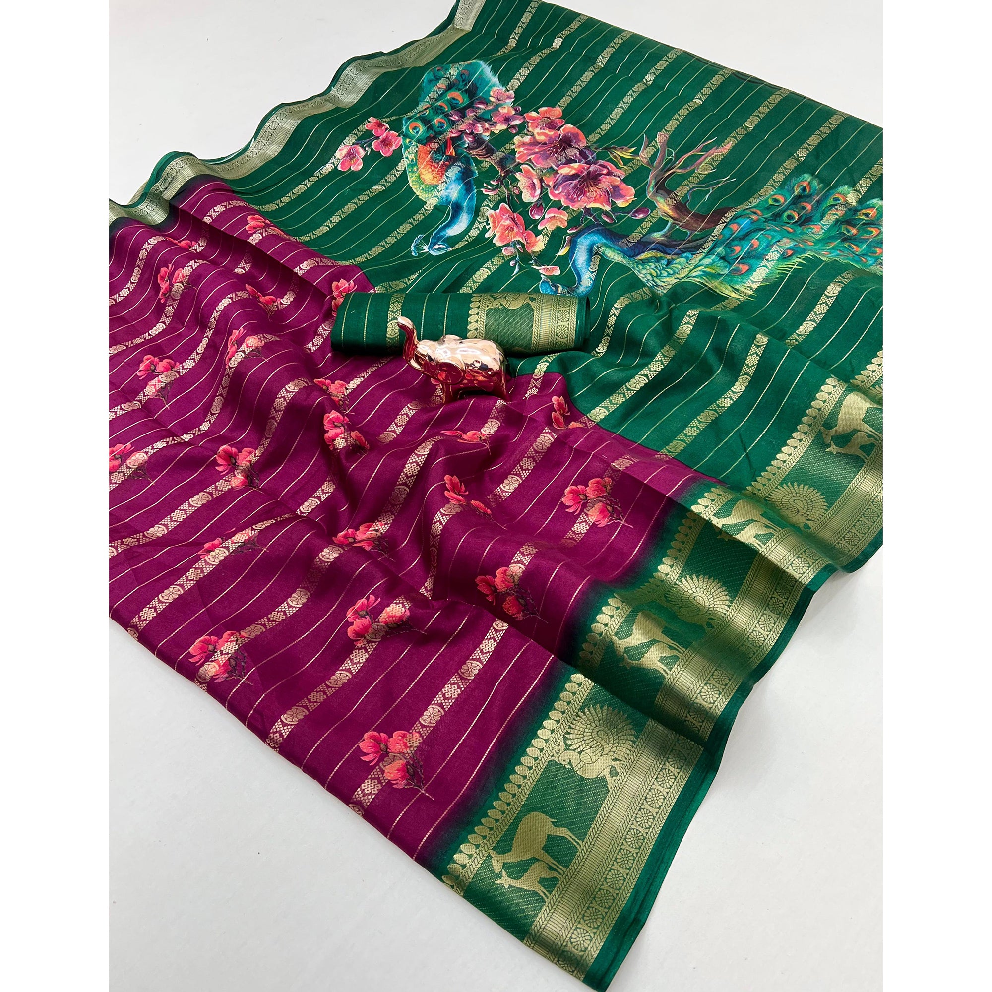 Wine Floral Weaving Mysore Silk Saree With Peacock Printed Pallu & Two Tone Padding Border