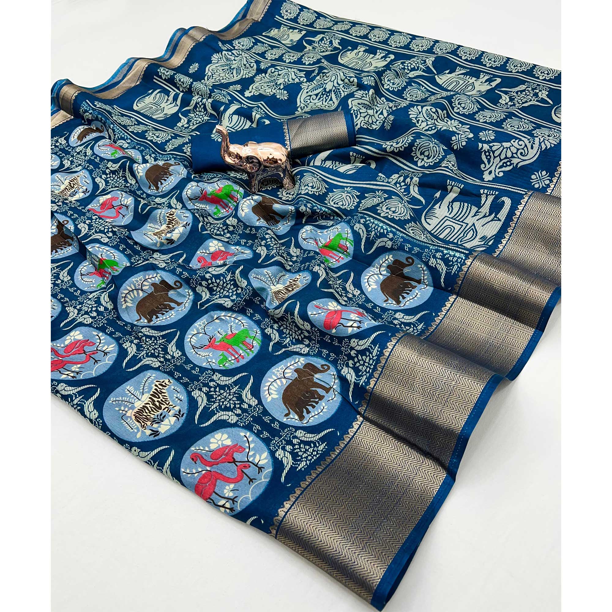 Blue Printed Dola Silk Saree With Zari Woven Border