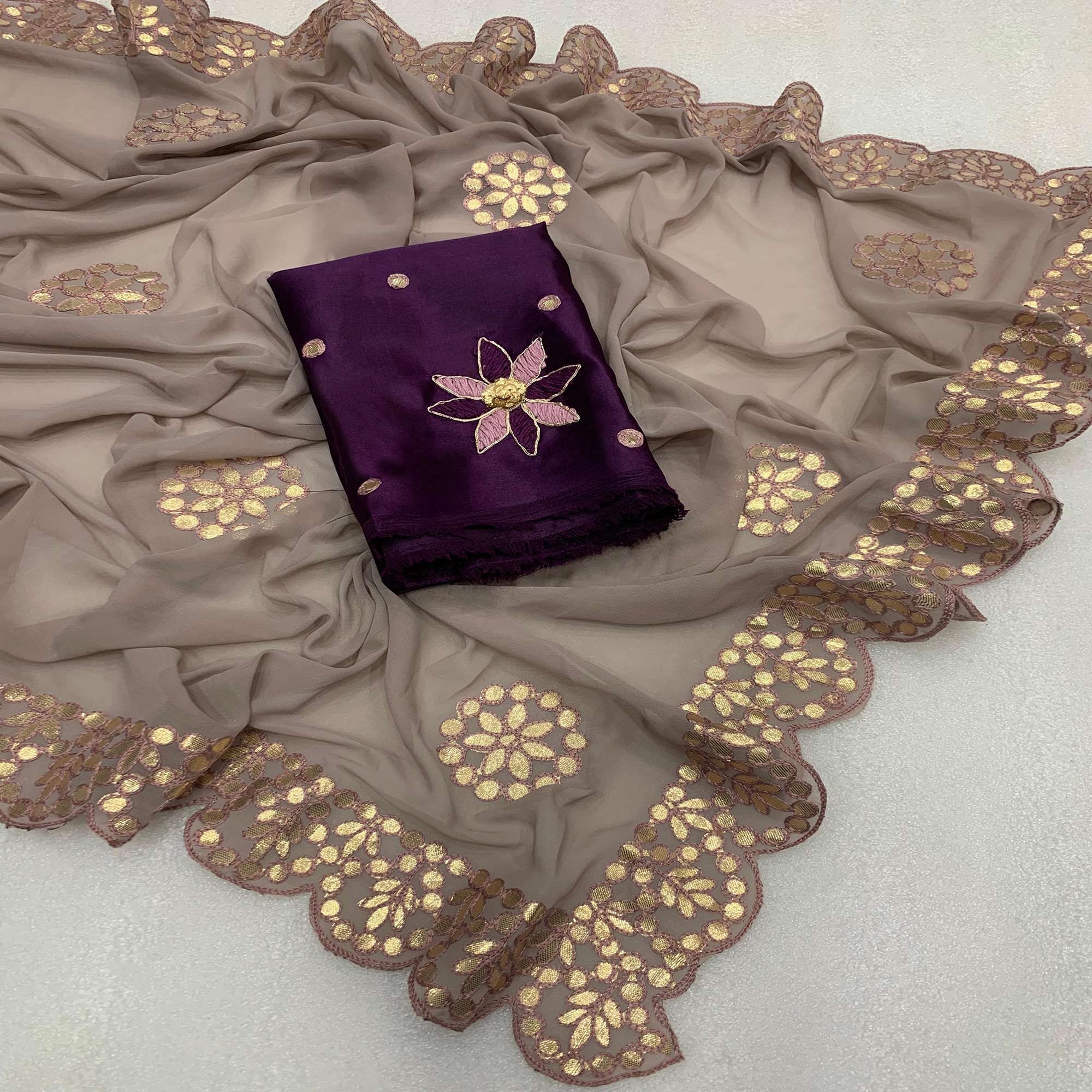 Grey Embroidered Georgette Saree With Gota Patti Work