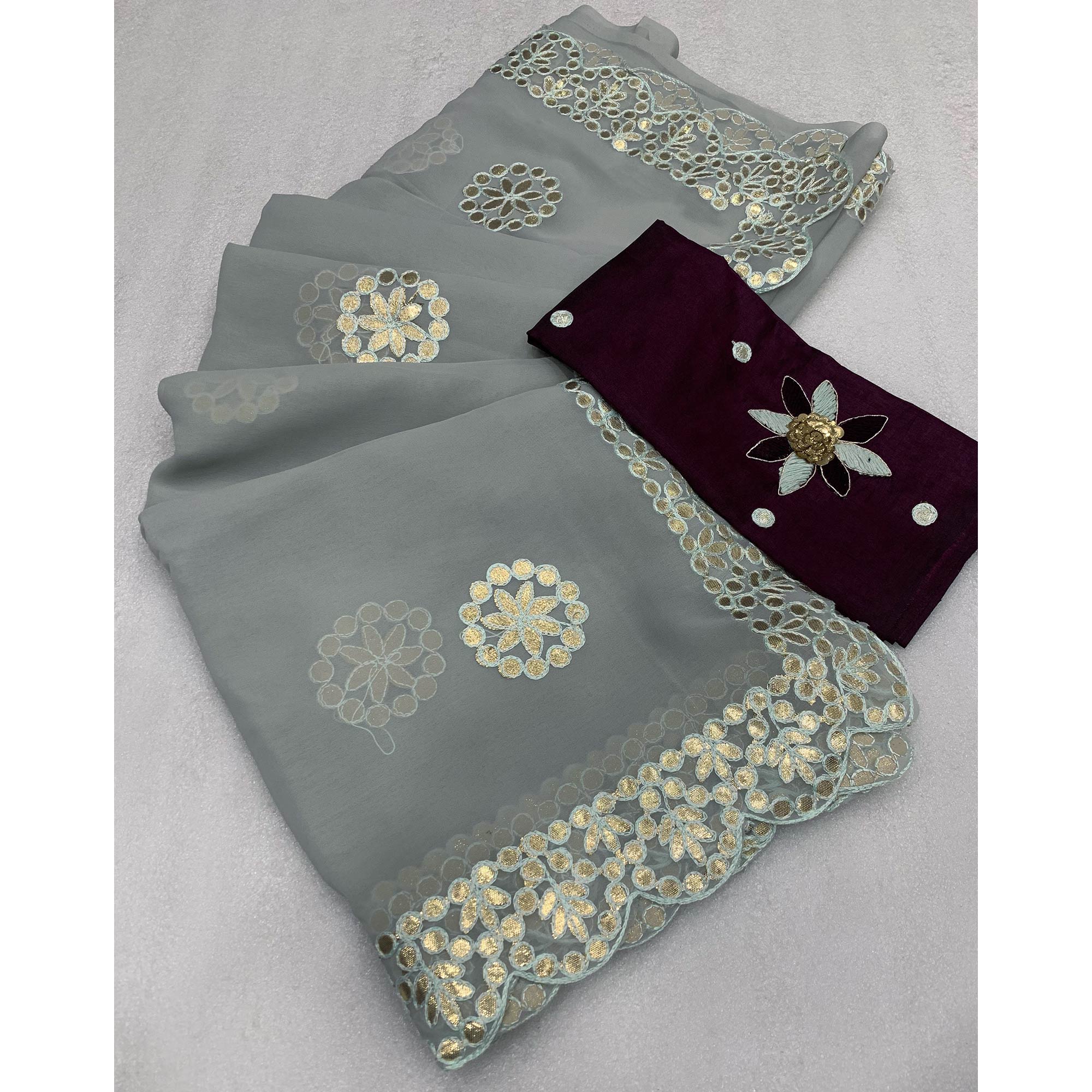 Light Grey Embroidered Georgette Saree With Gota Patti Work