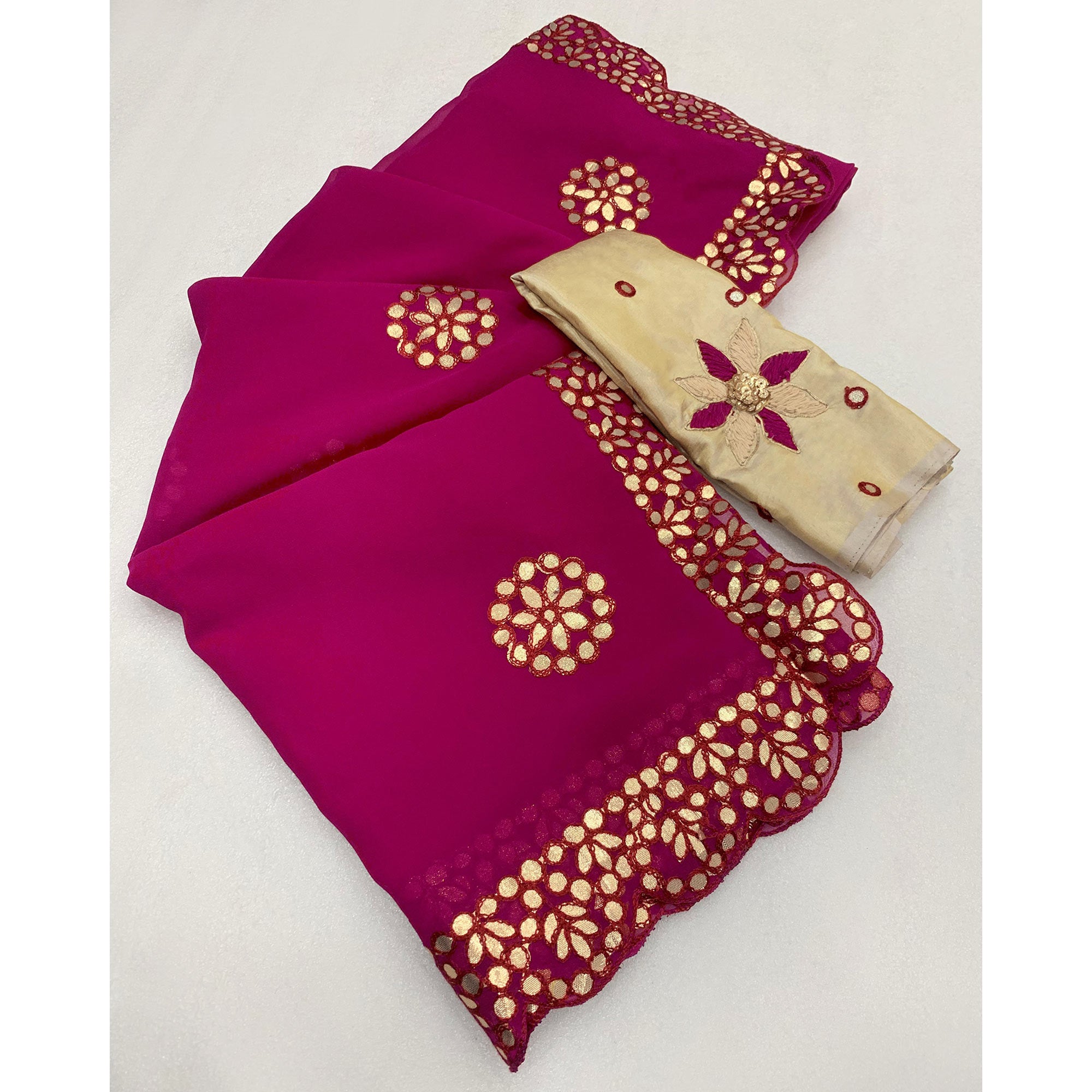 Magenta Embroidered Georgette Saree With Gota Patti Work