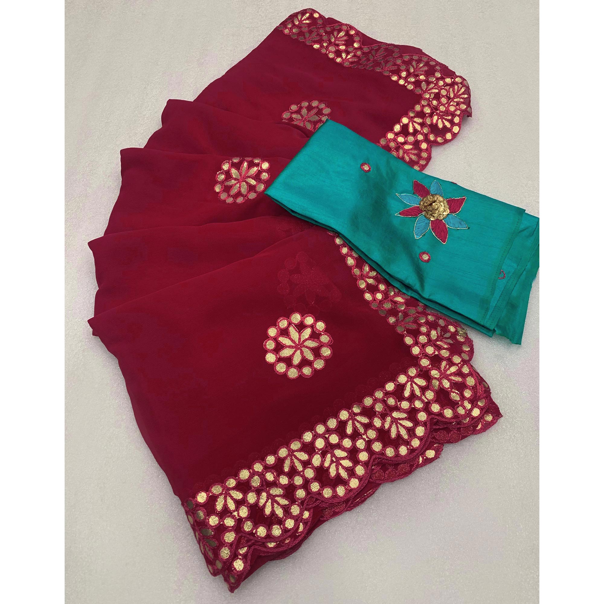 Maroon Embroidered Georgette Saree With Gota Patti Work