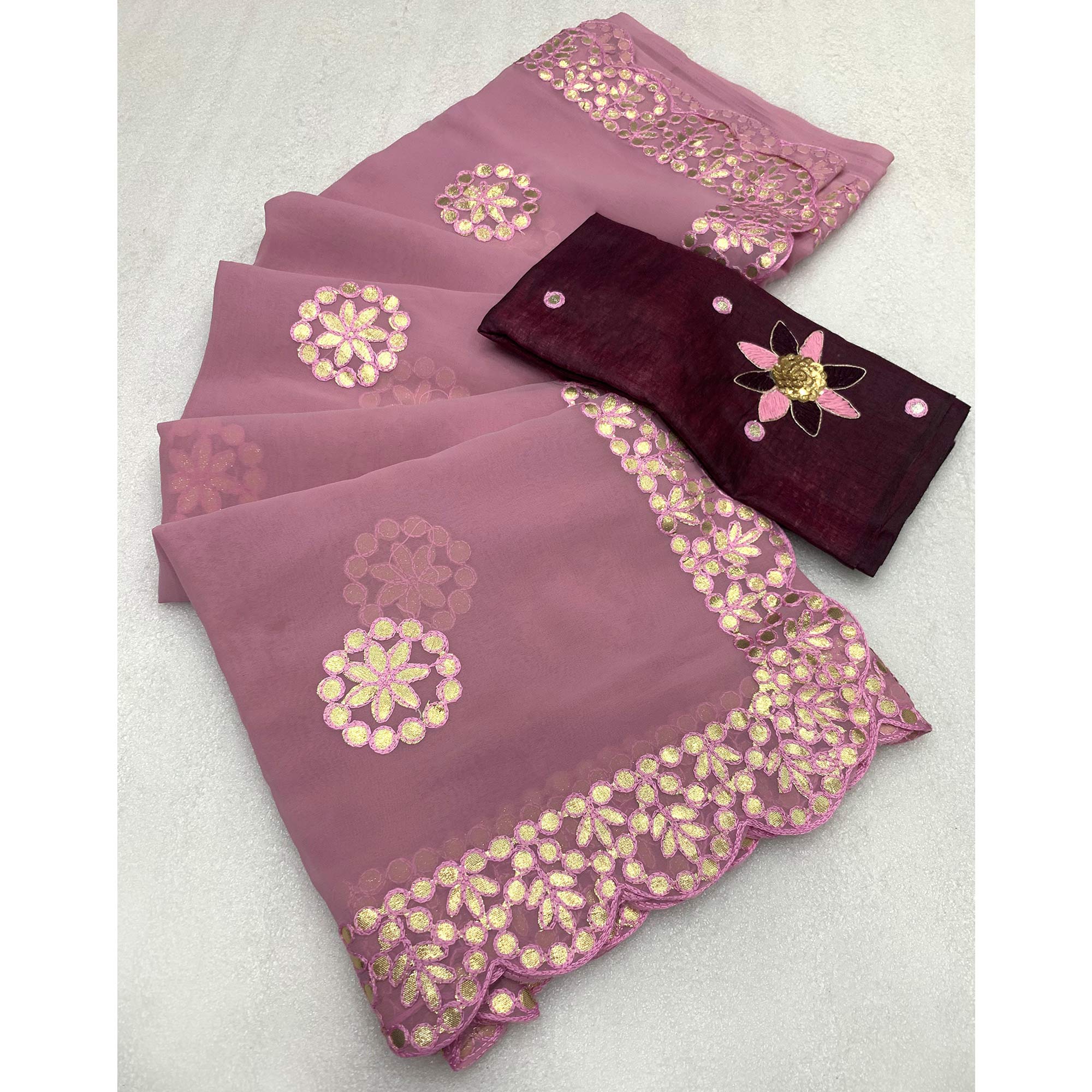 Pink Embroidered Georgette Saree With Gota Patti Work