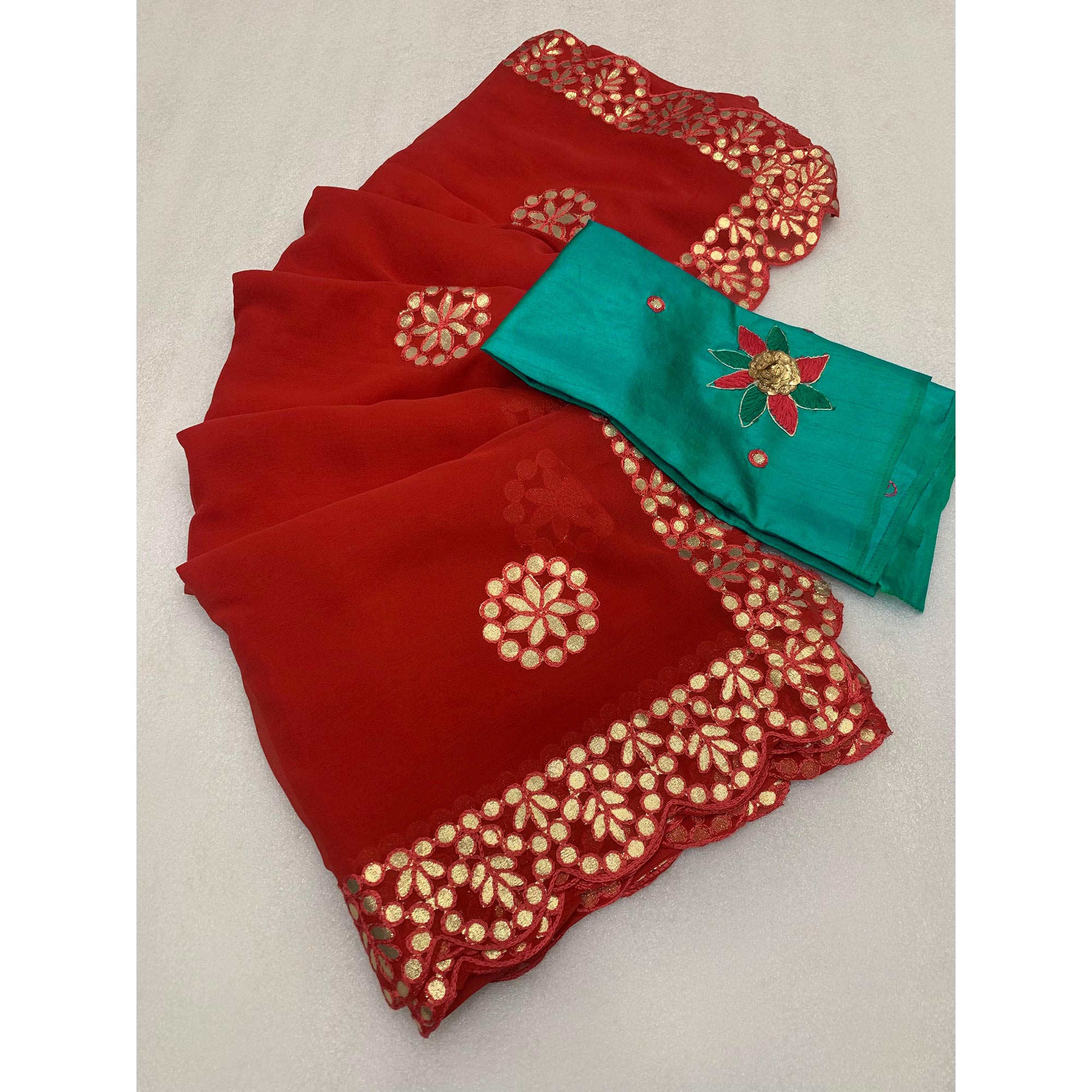 Red Embroidered Georgette Saree With Gota Patti Work
