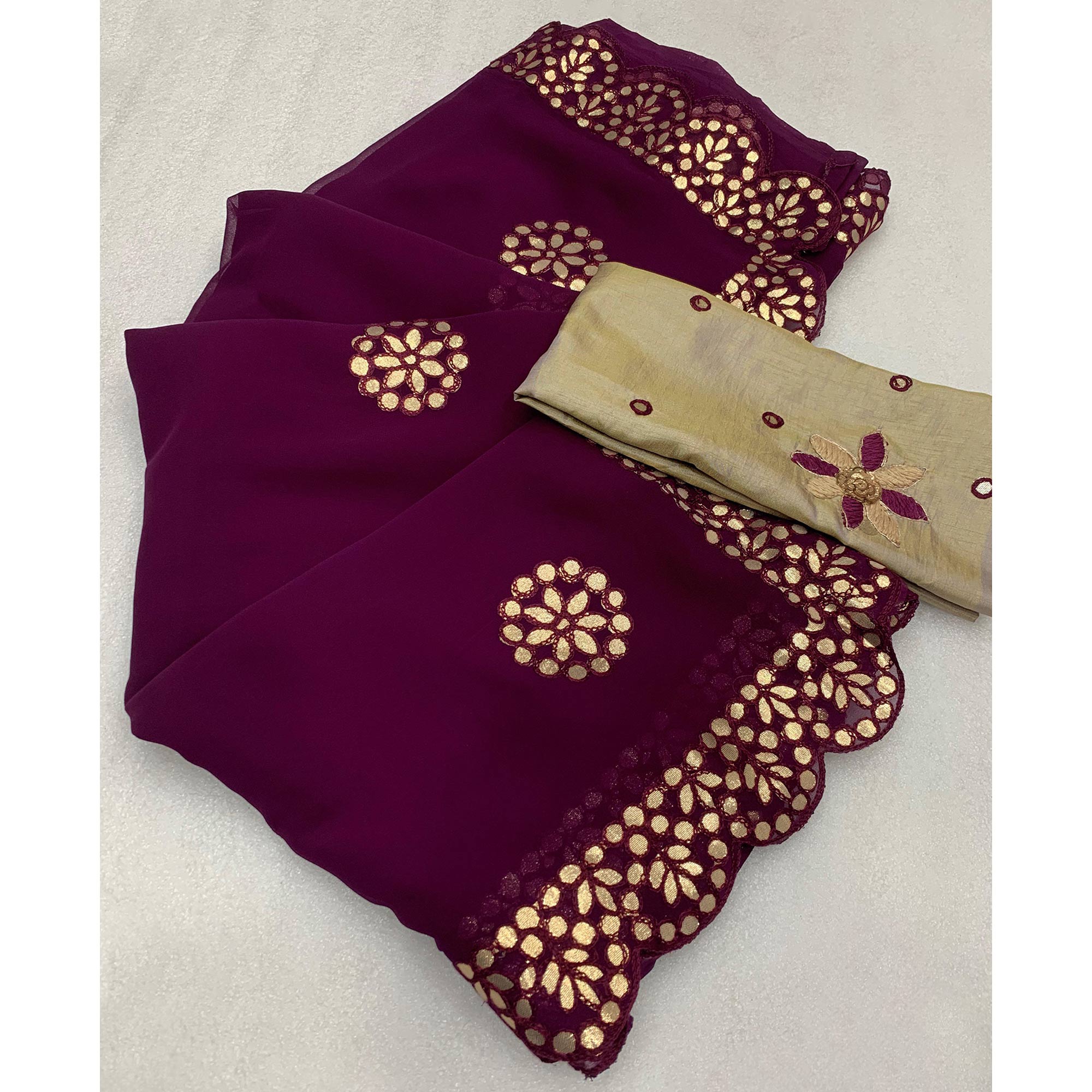 Wine Embroidered Georgette Saree With Gota Patti Work