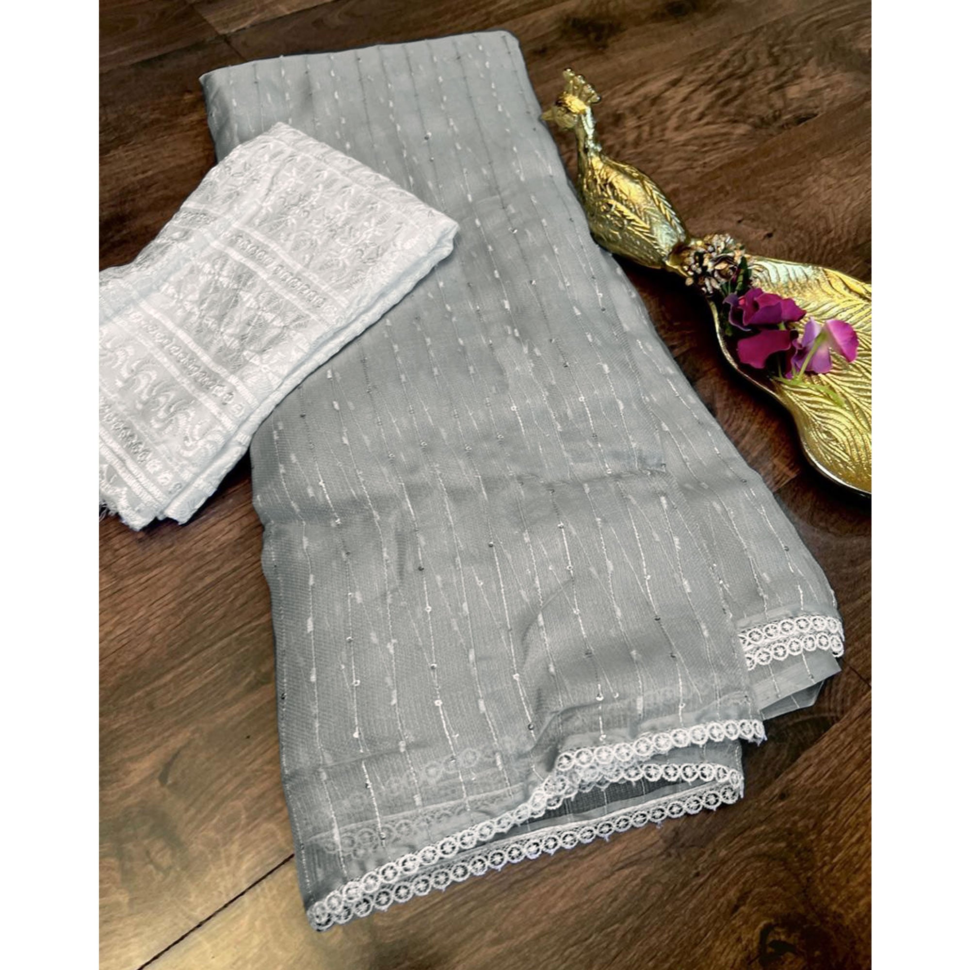 Grey Sequins Embroidered Organza Saree