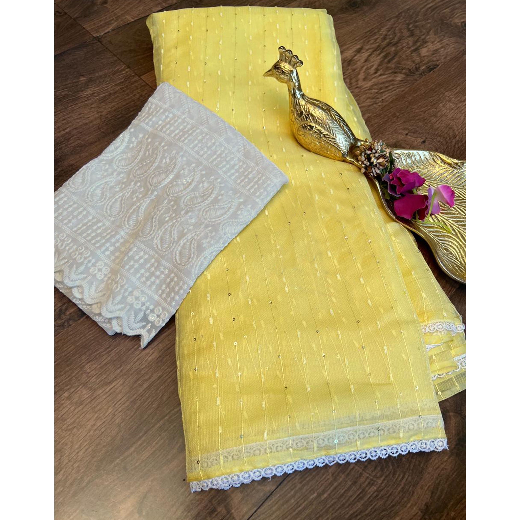 Yellow Sequins Embroidered Organza Saree