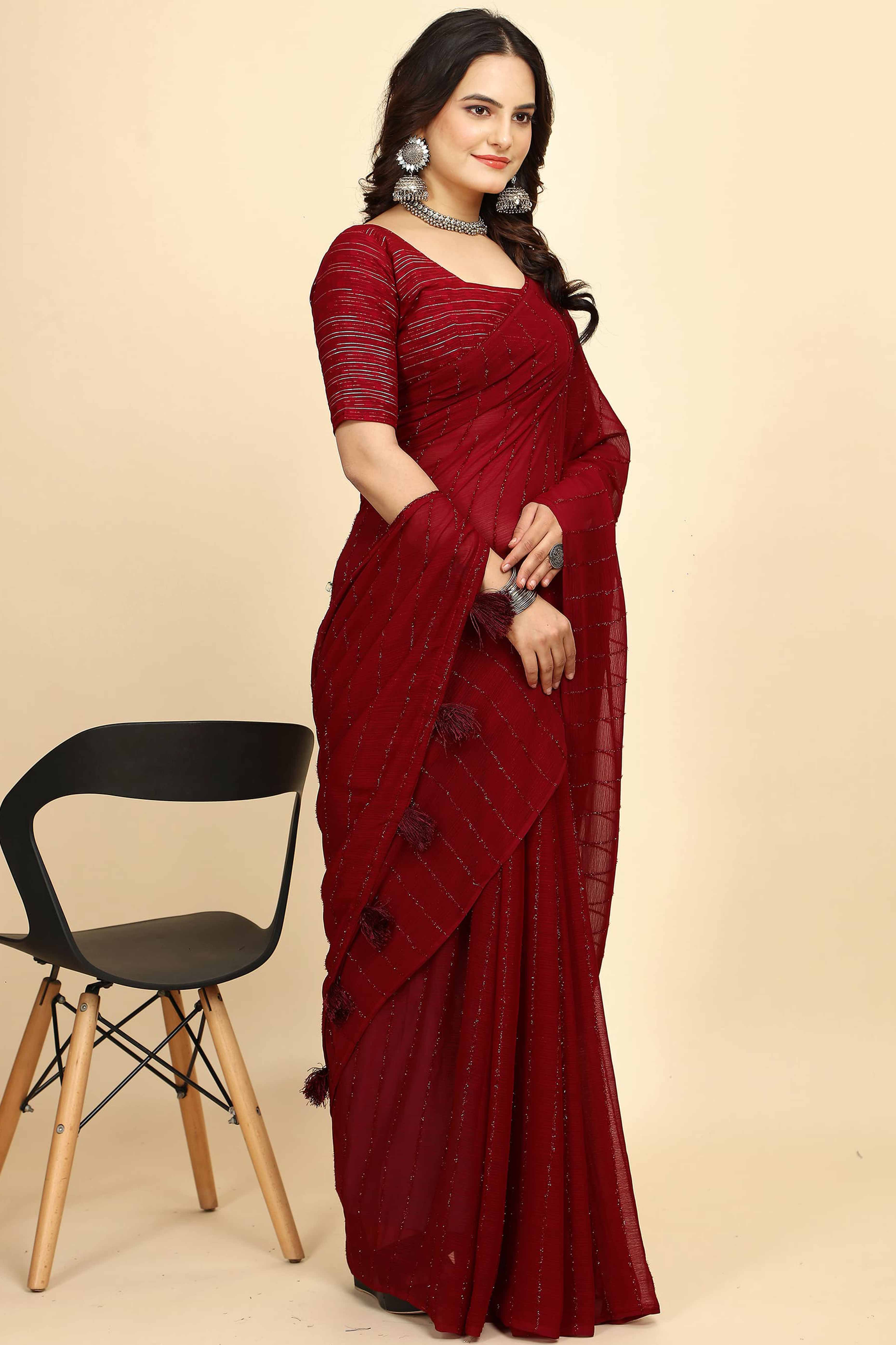 Dark Red Striped Zari Woven Chiffon Saree With Tassels