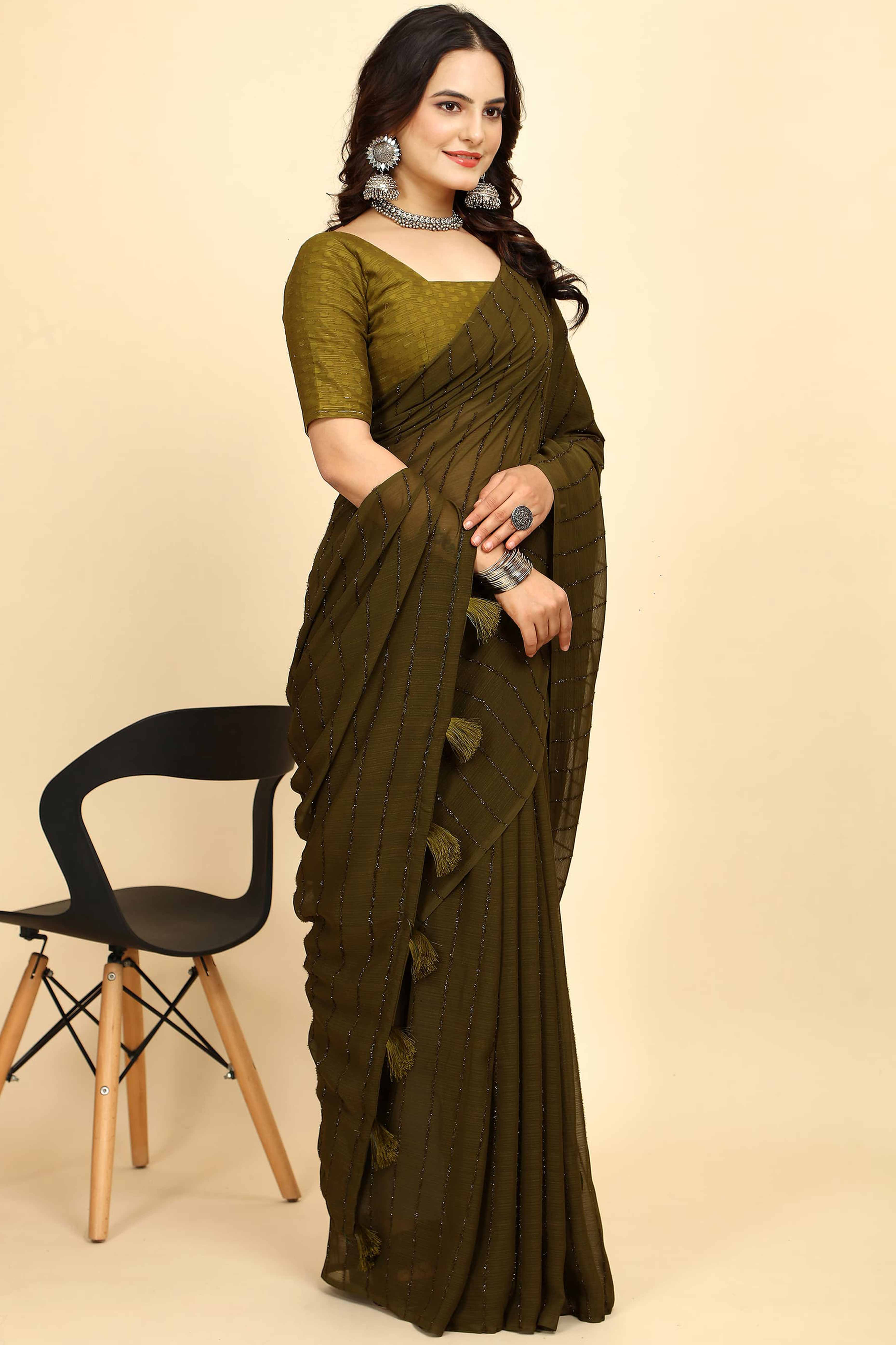 Mehendi Green Striped Zari Woven Chiffon Saree With Tassels