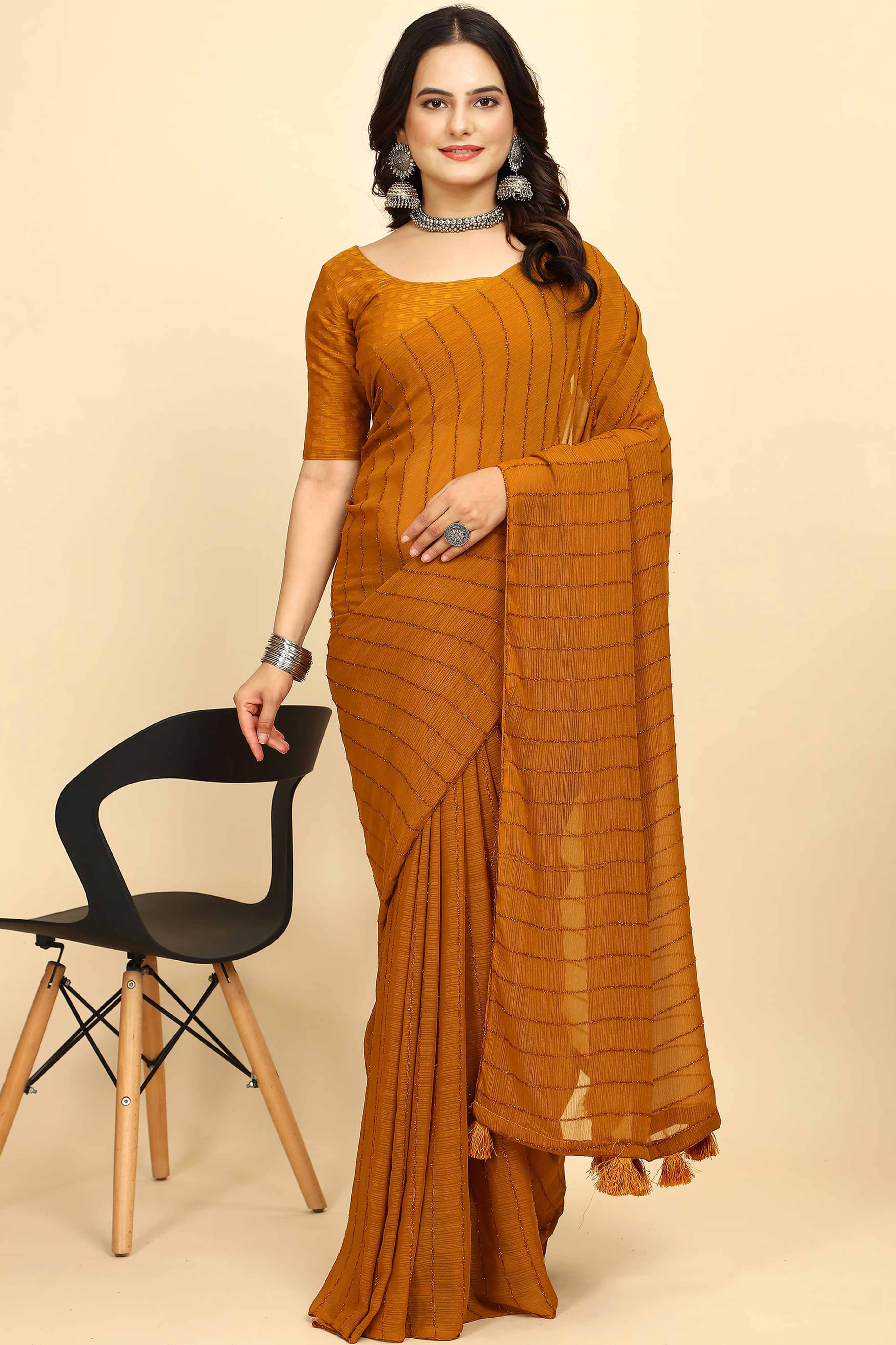 Mustard Striped Zari Woven Chiffon Saree With Tassels