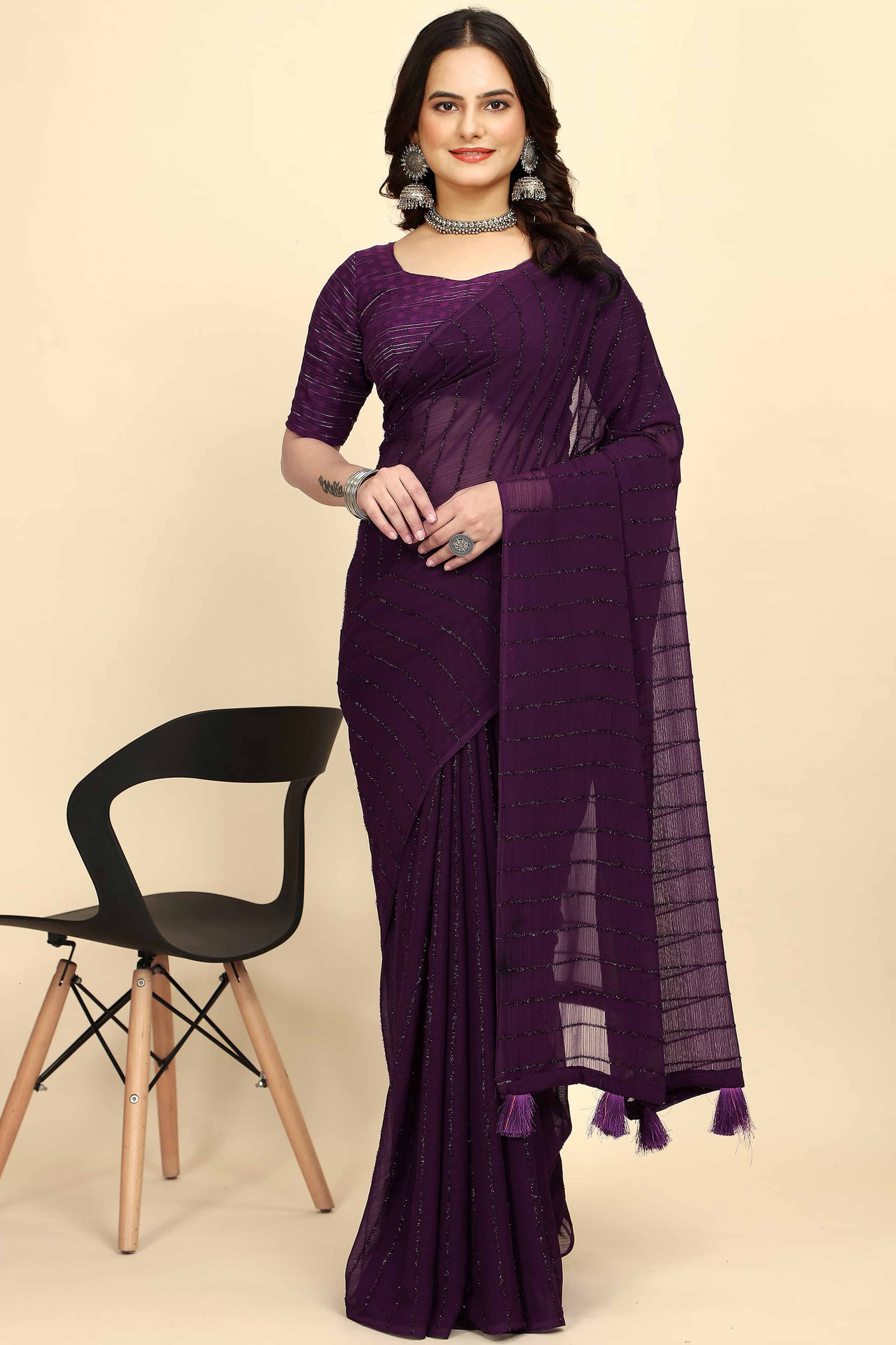 Purple Striped Zari Woven Chiffon Saree With Tassels