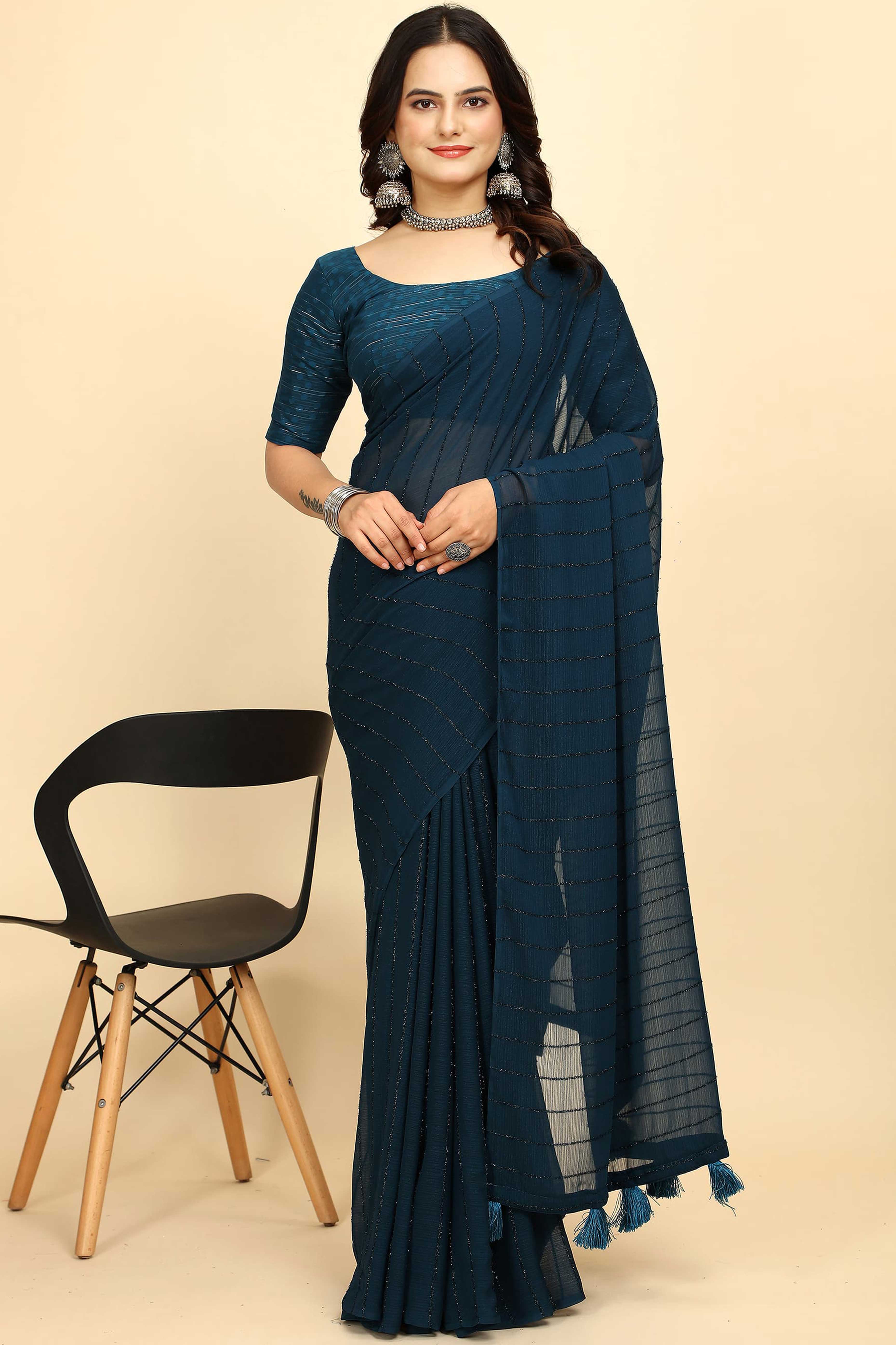 Teal Striped Zari Woven Chiffon Saree With Tassels