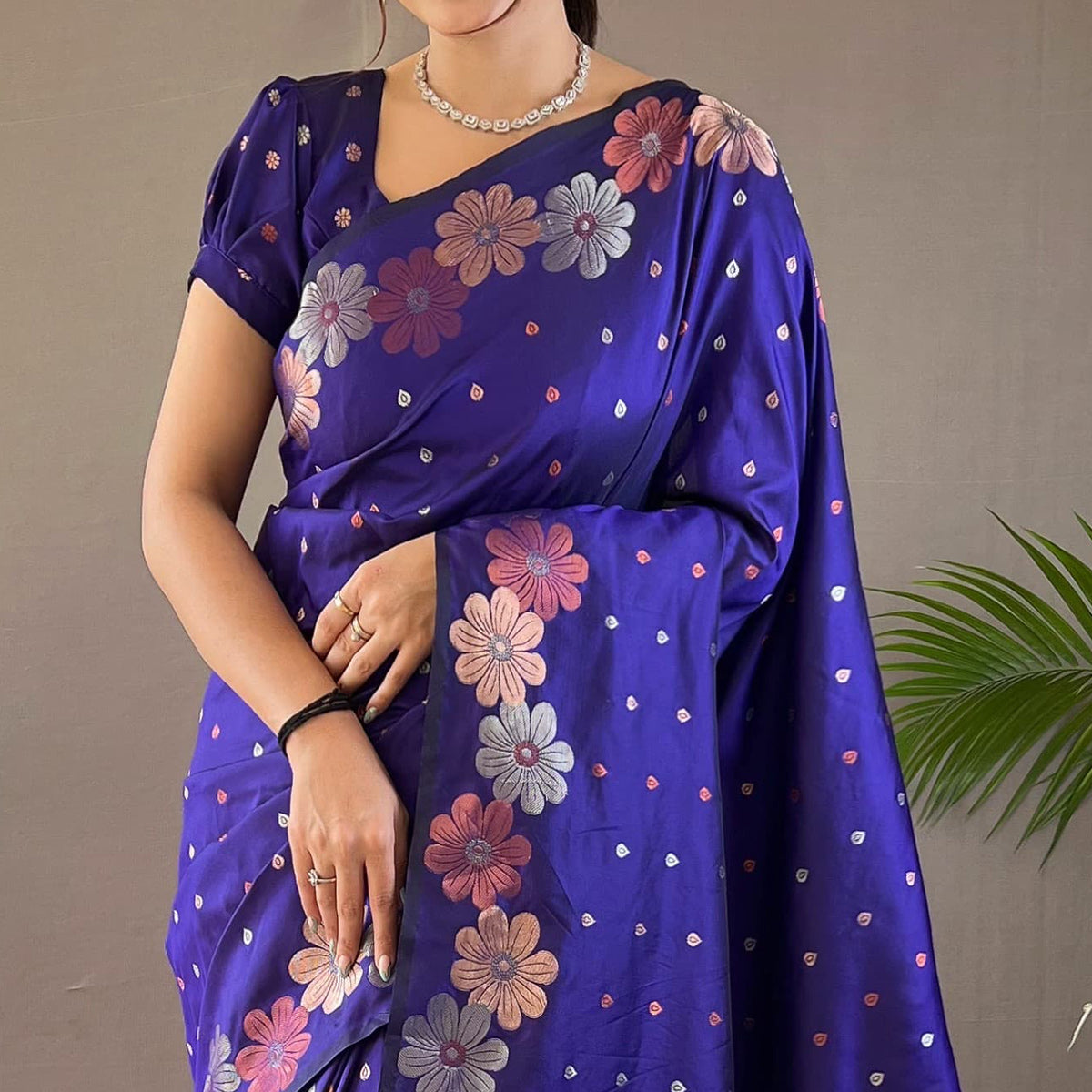 Navy Blue Floral Zari Woven Pure Silk Saree