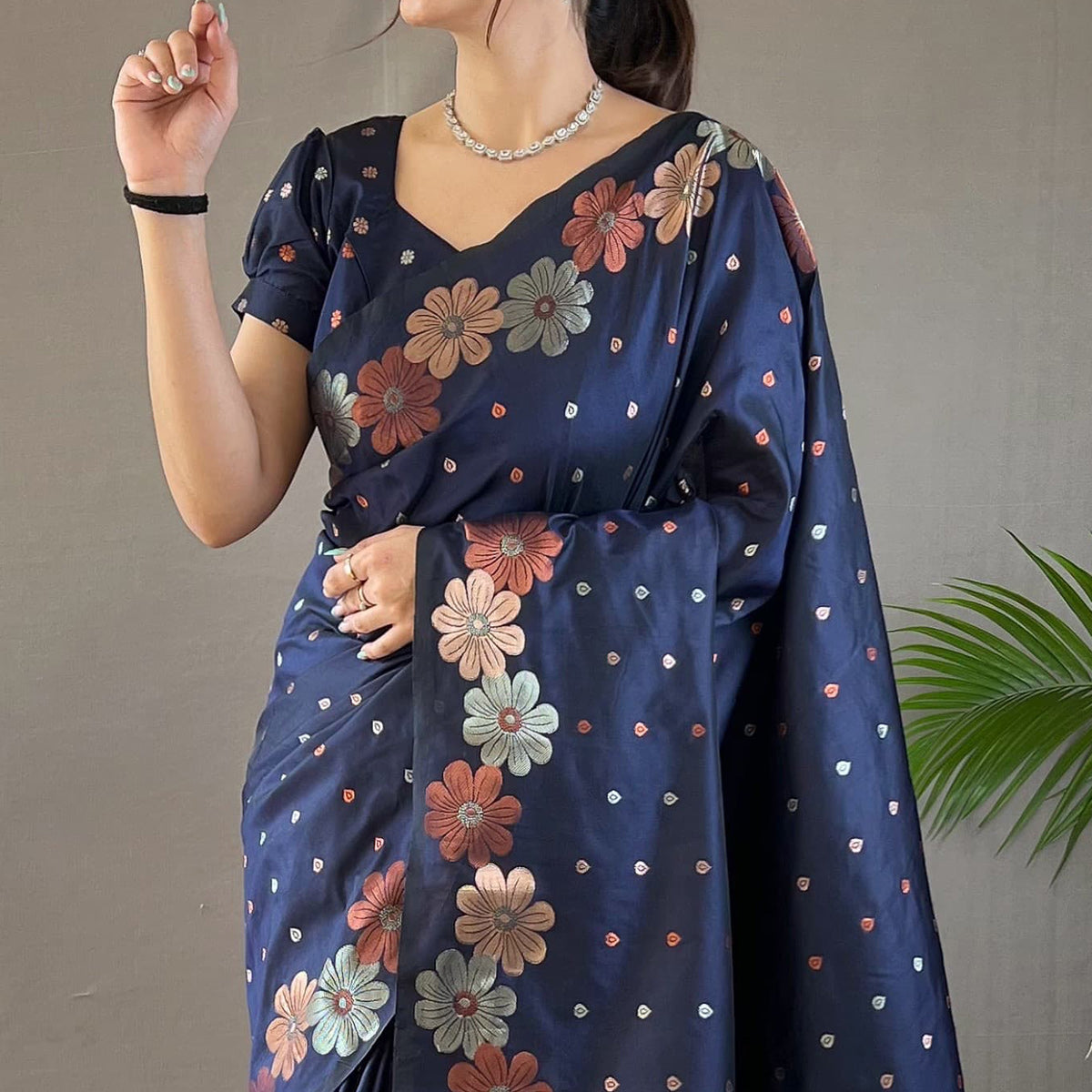 Royal Blue Floral Zari Woven Pure Silk Saree