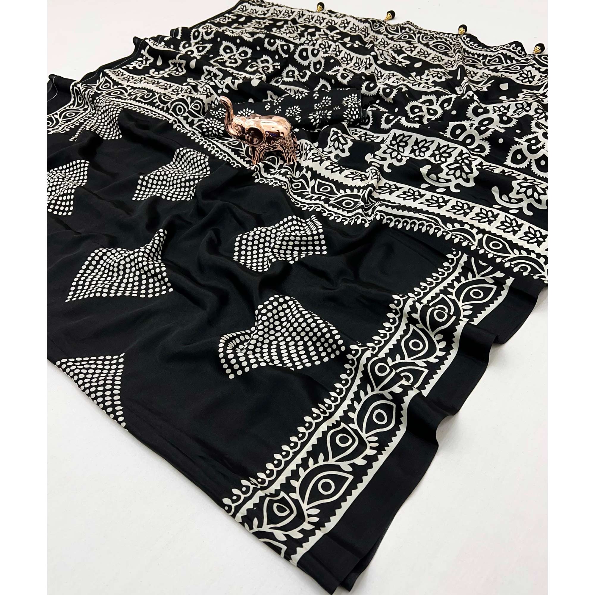 Black Saree in Satin Fabric with Authentic Polka Dot Patterns