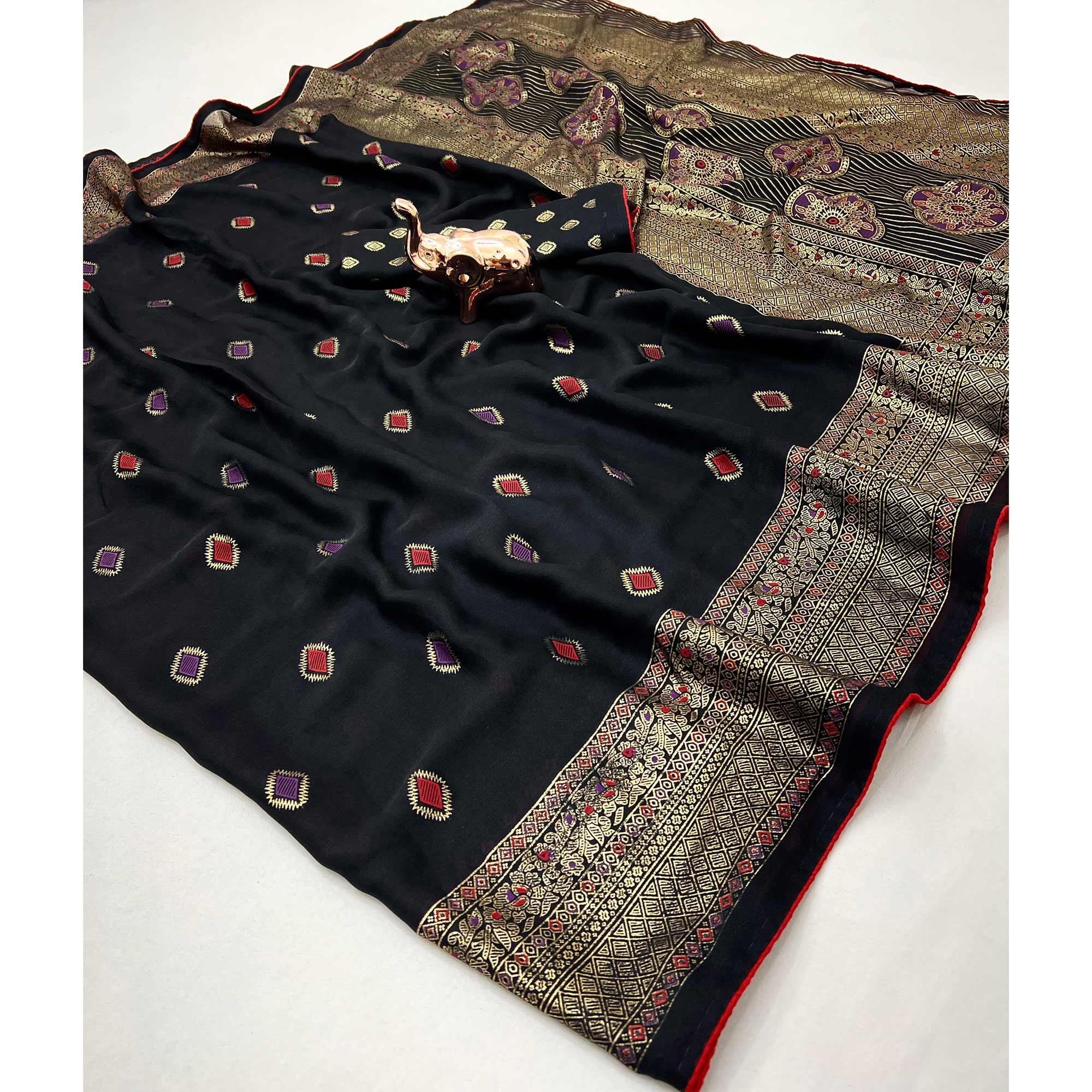 Black Viscose Saree with Foil Geometric Prints