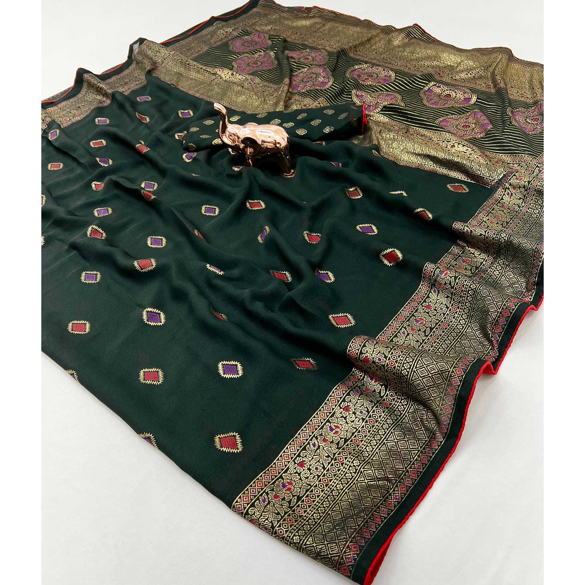 Green Viscose Saree with Foil Geometric Prints
