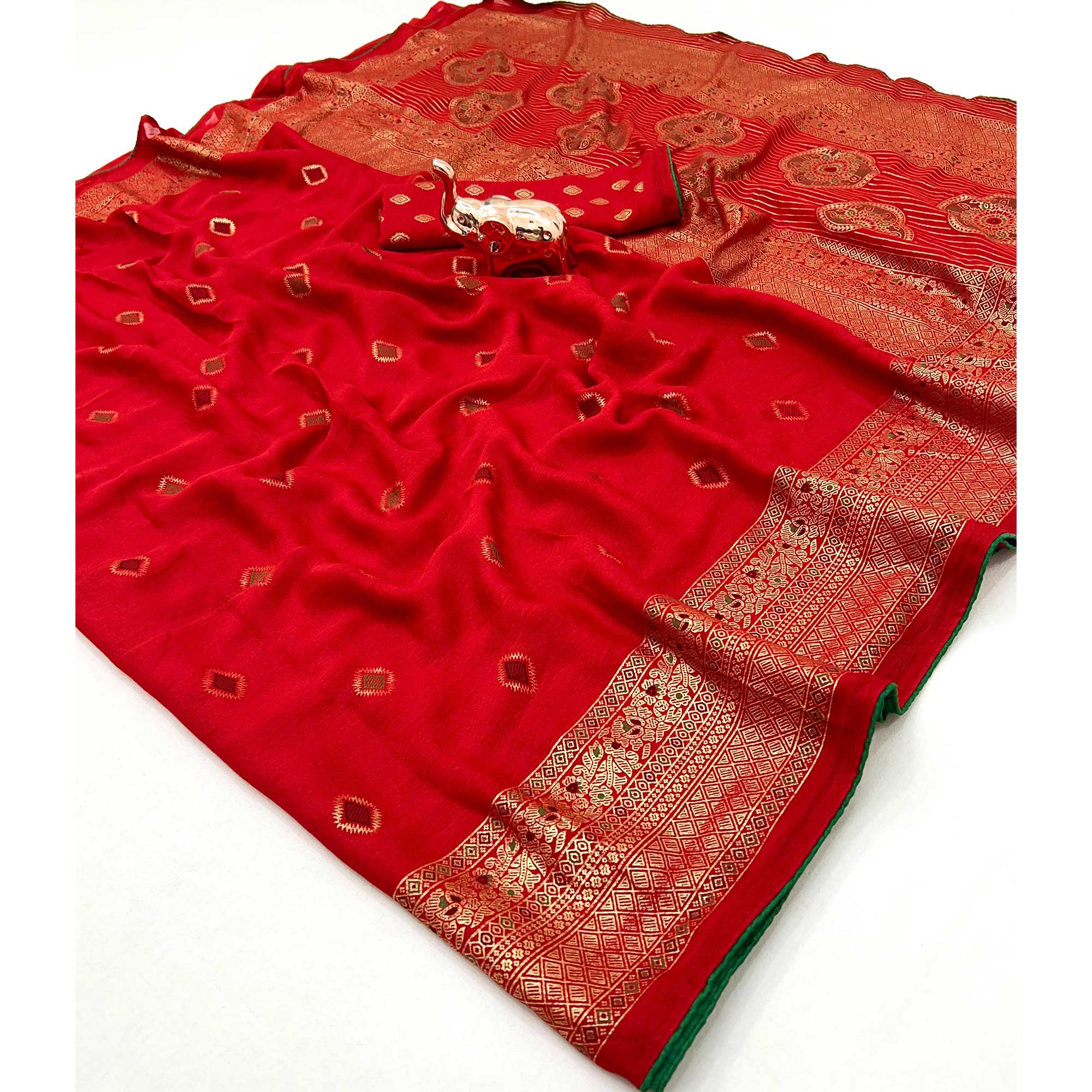 Red Viscose Saree with Foil Geometric Prints