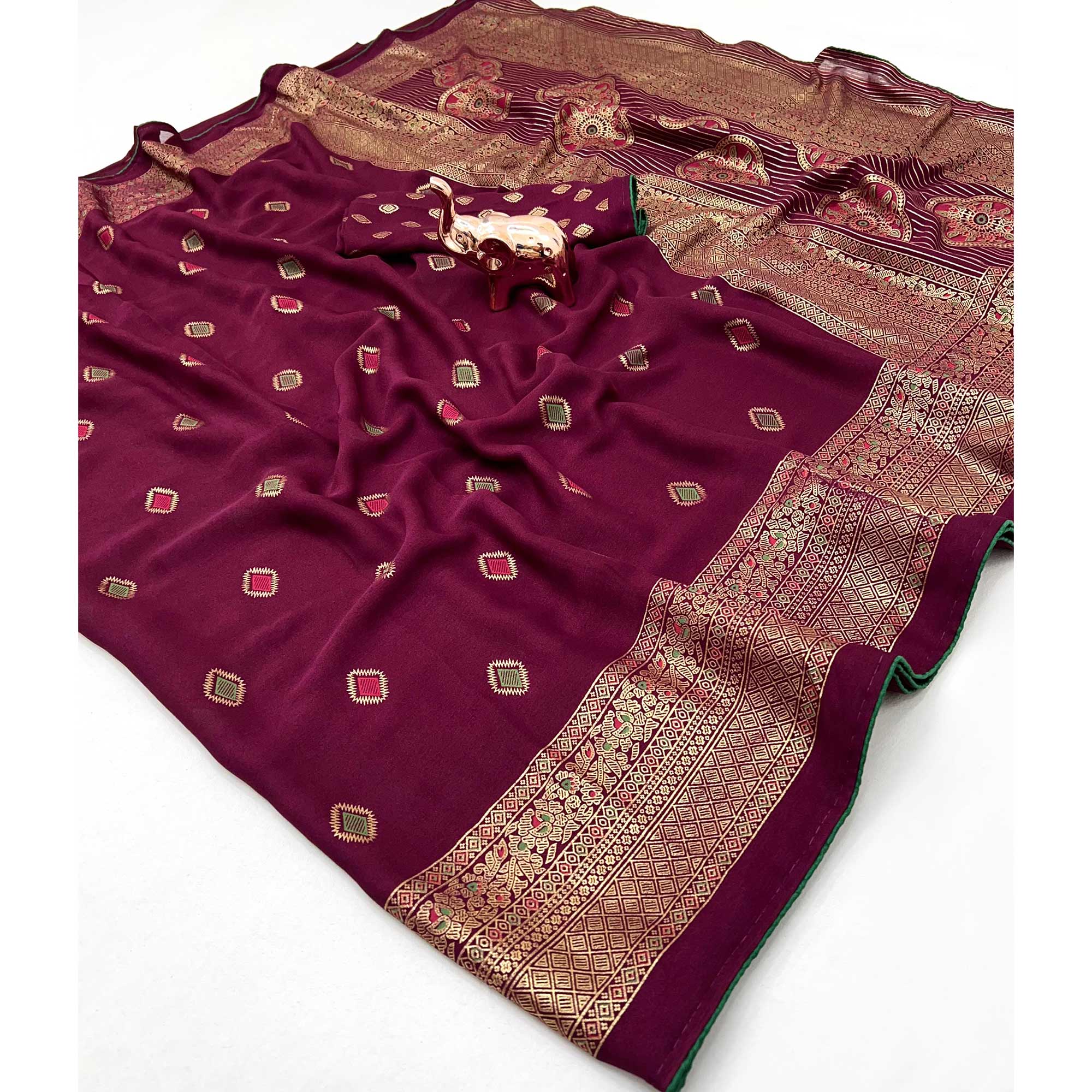 Wine Viscose Saree with Foil Geometric Prints