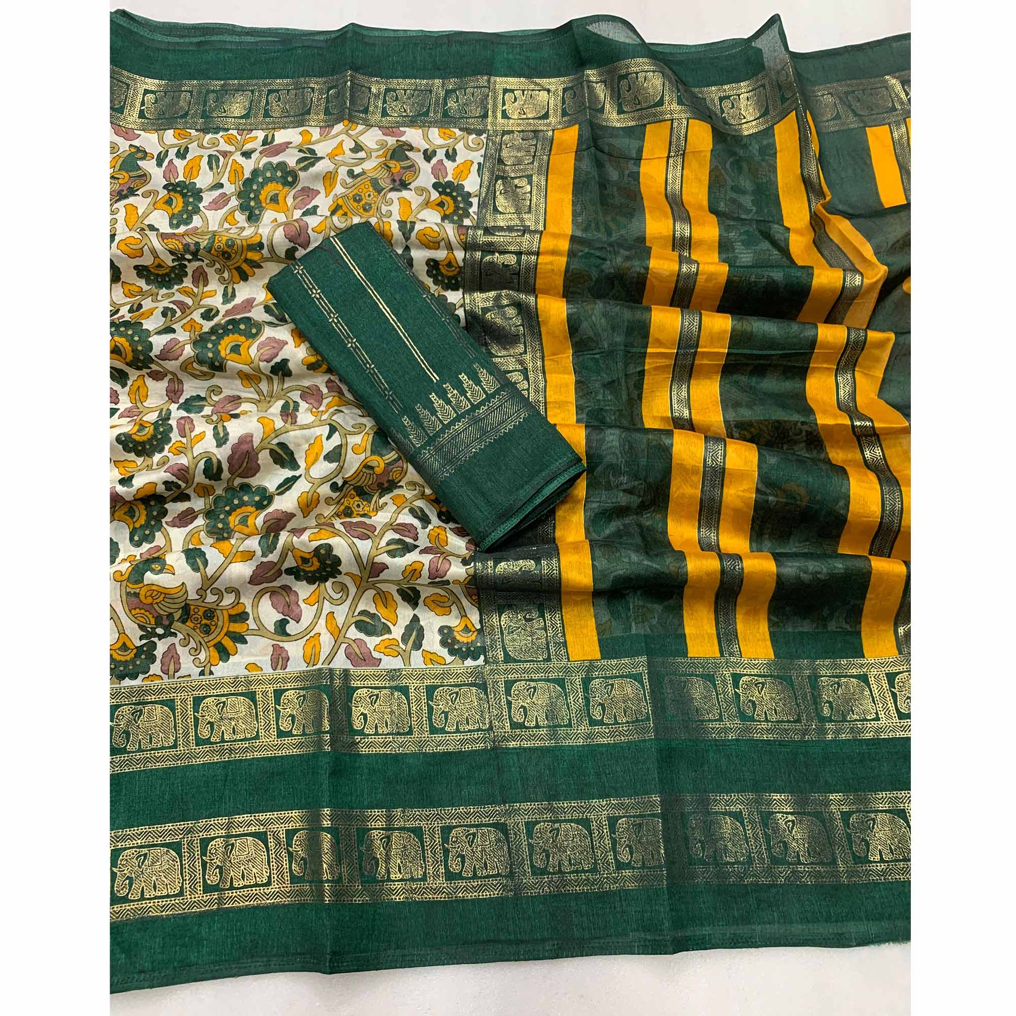 Bottle Green Kalamkari Printed Dola Silk Saree