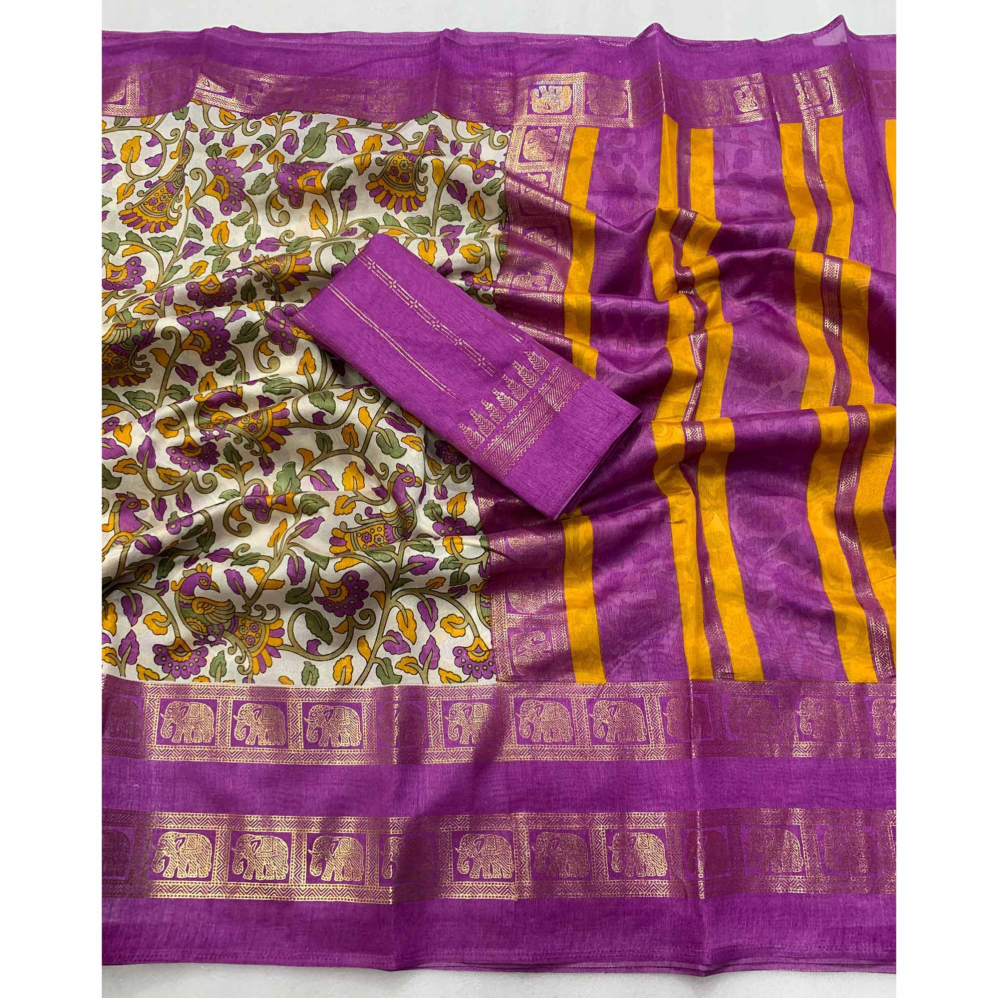 Lilac Purple Kalamkari Printed Dola Silk Saree