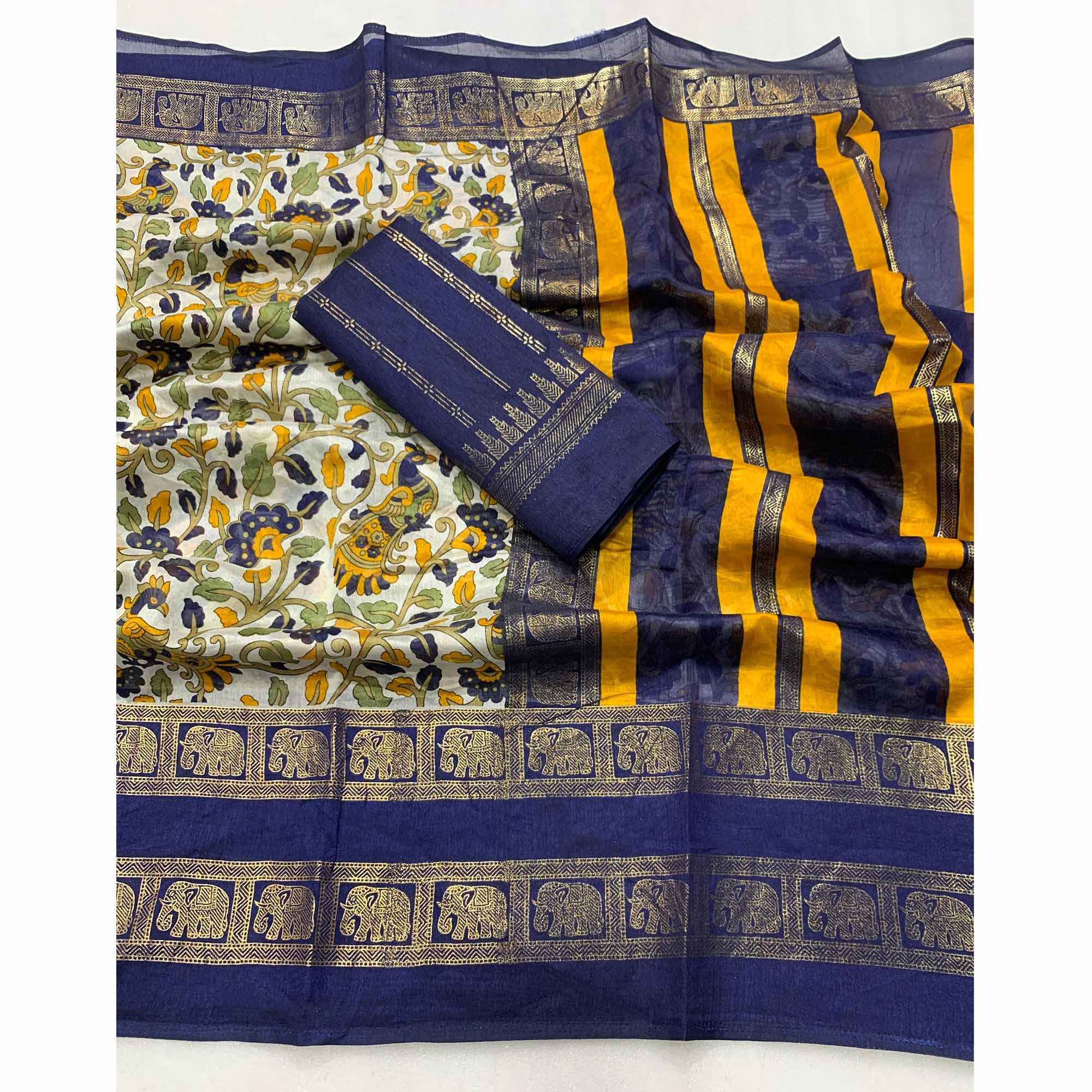 Navy Blue Kalamkari Printed Dola Silk Saree