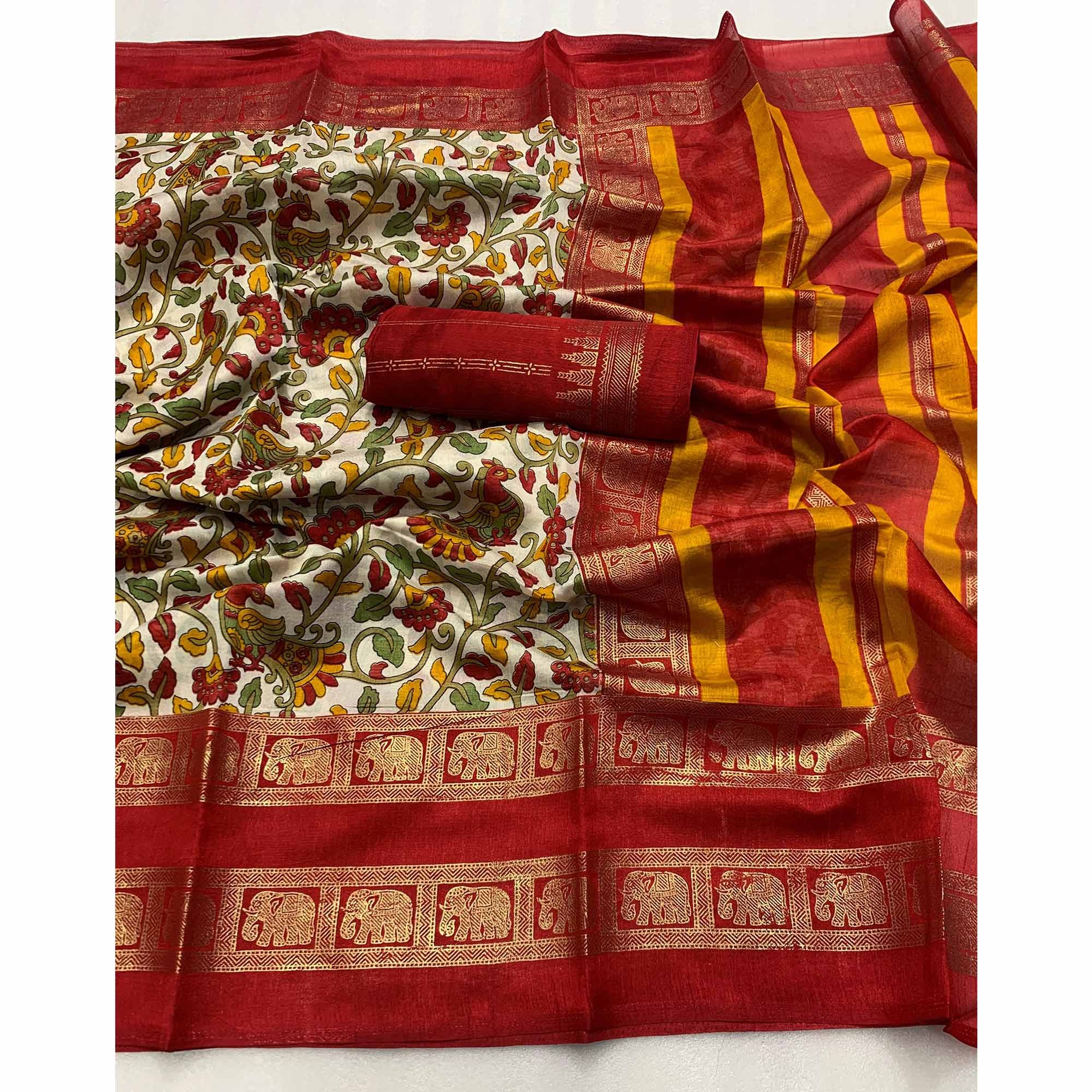 Red Kalamkari Printed Dola Silk Saree