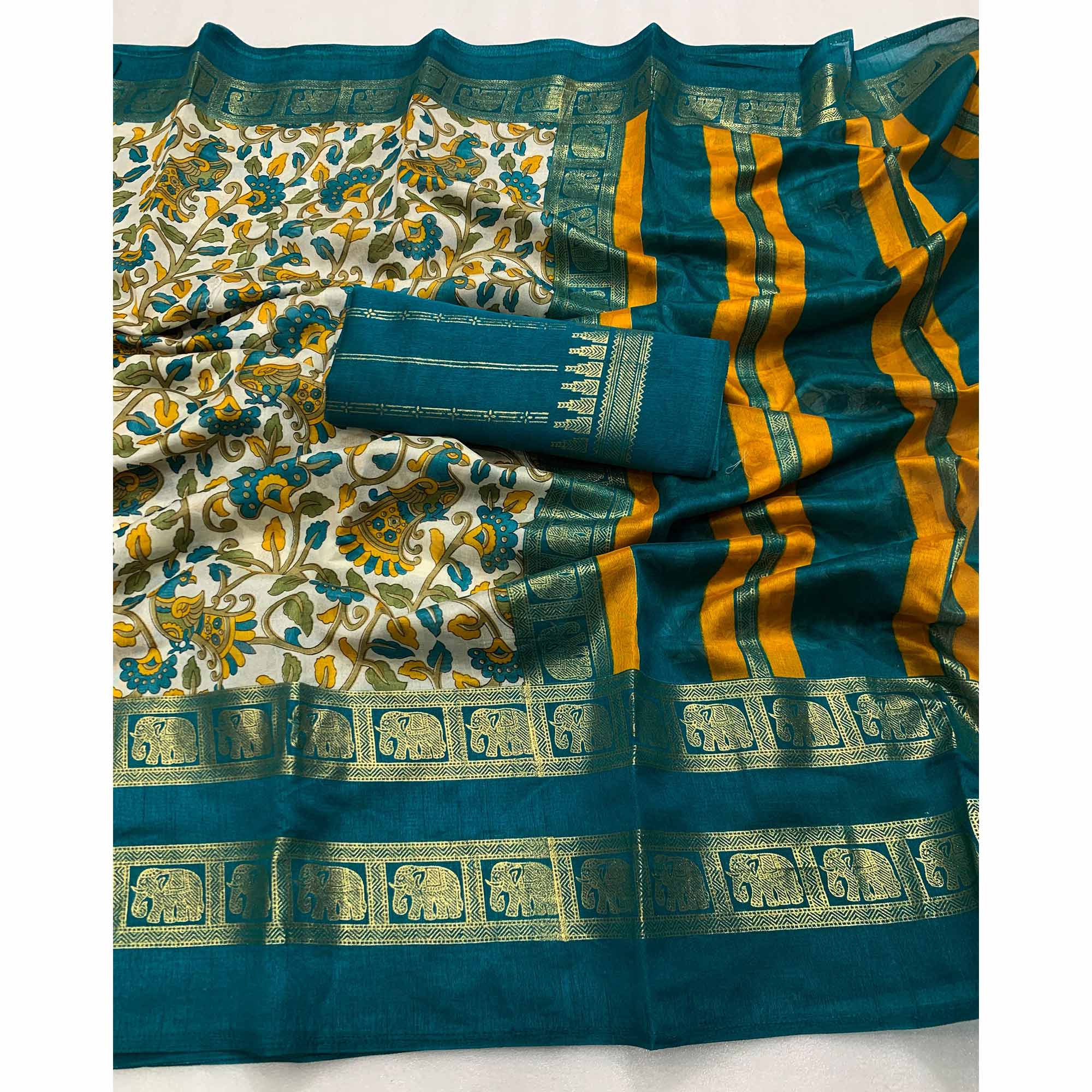 Teal Kalamkari Printed Dola Silk Saree